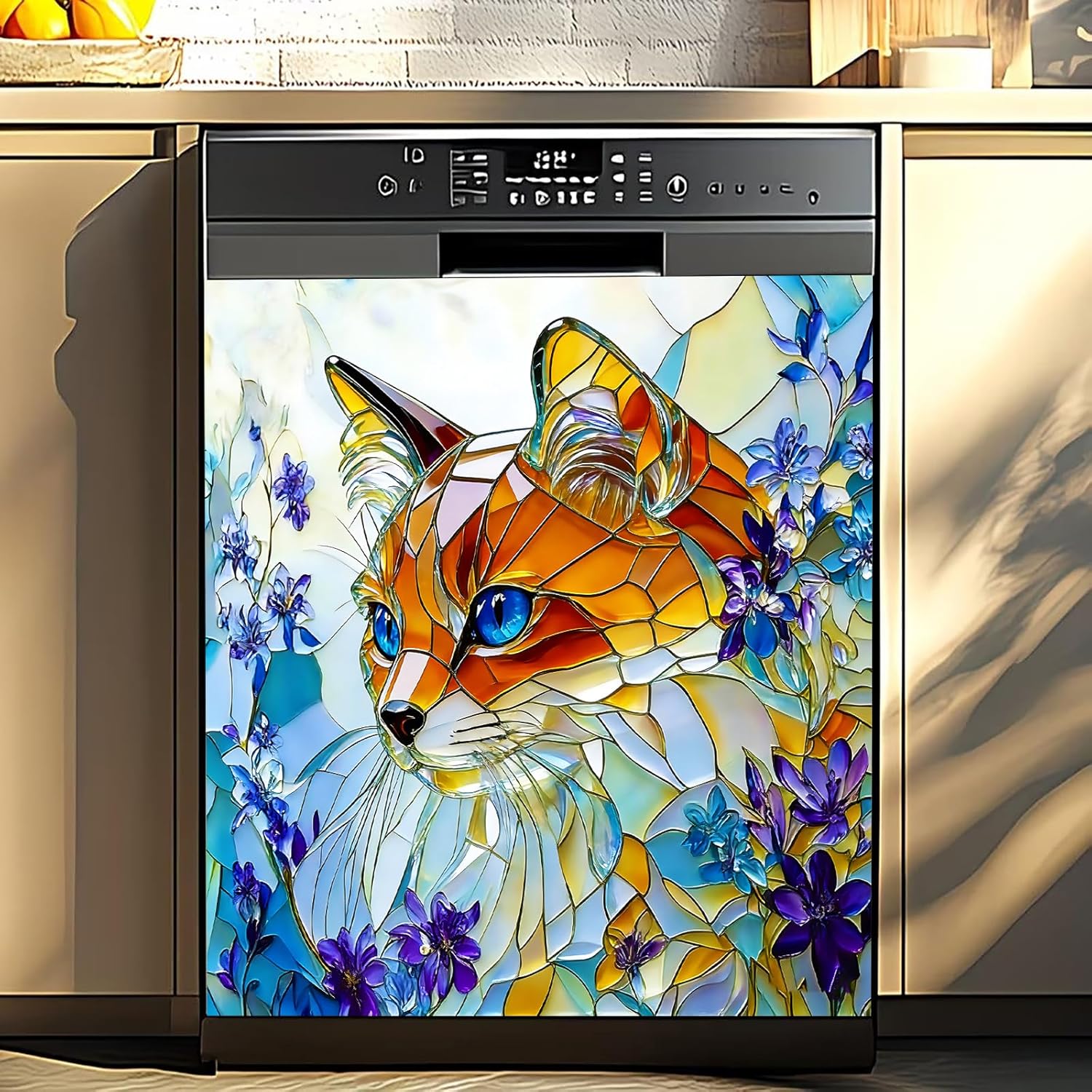 Dishwasher Magnetic Cover 25.59x23.03in Stained Glass Fox Floral Design, Waterproof Removable Kitchen Appliance Magnet Panel Decor for Dishwasher Refrigerator Washer
