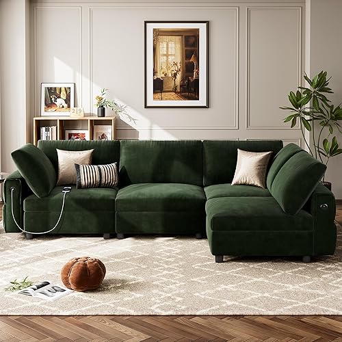 106" Modular Sectional Sofa for Living Room, L Shaped Convertible Sectional Couches with Charging Station, 4-Seater Cloud Couch with 6 Pillows, for Office and Apartment, Velvet - Green