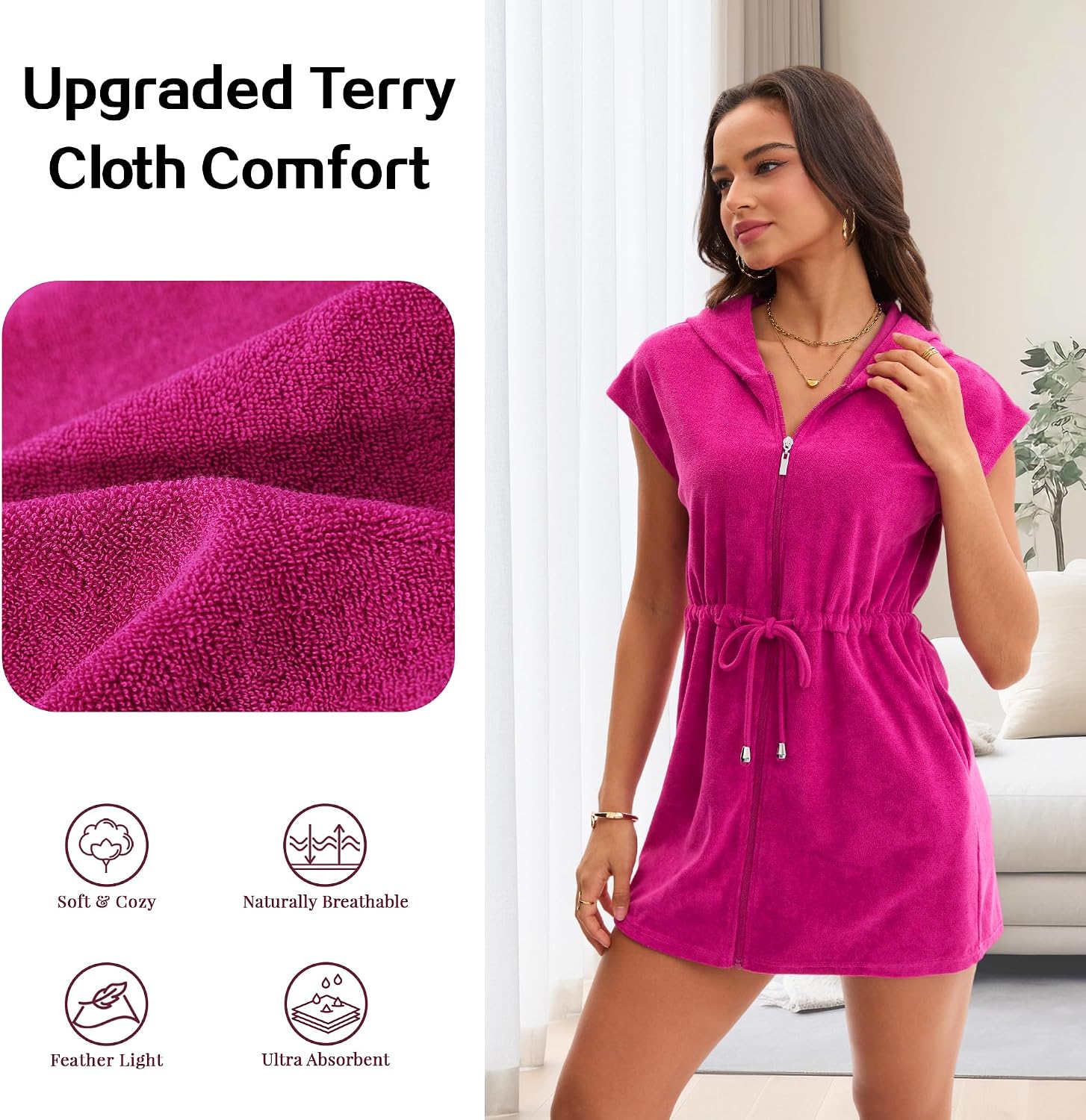 Terry Cloth Swim Cover Up for Women UPF 50+ Hooded Beach Swimsuits Cotton Robes Cover-up with Zipper Pockets