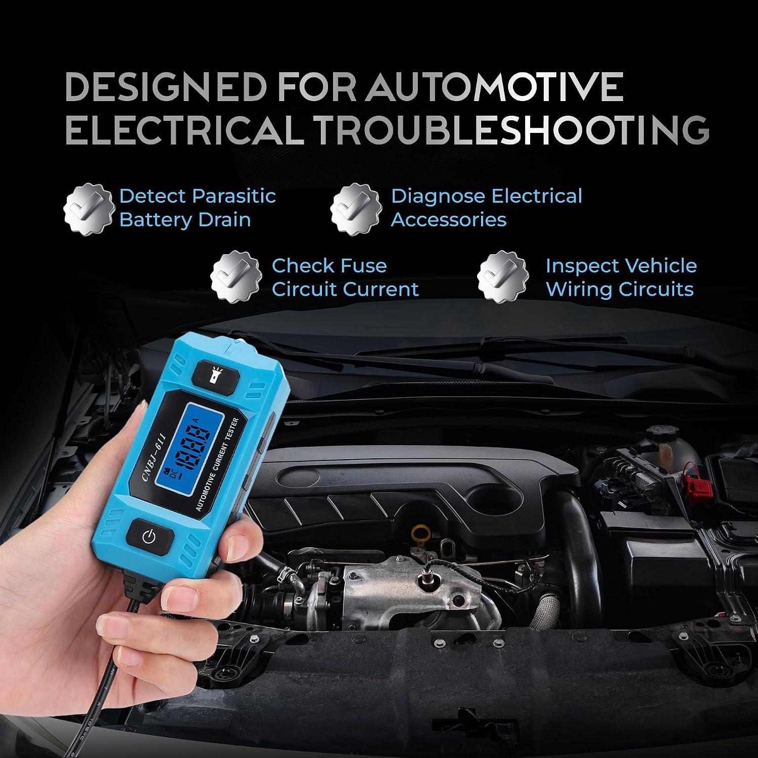 Automotive Car Circuit Fault Probe Tester - Portable Auto Current Tester for Parasitic Battery Drain Fuse Draw - 20A 48V 0.01A to 19.99A High-Precision Checker with LED Display Front Lighting