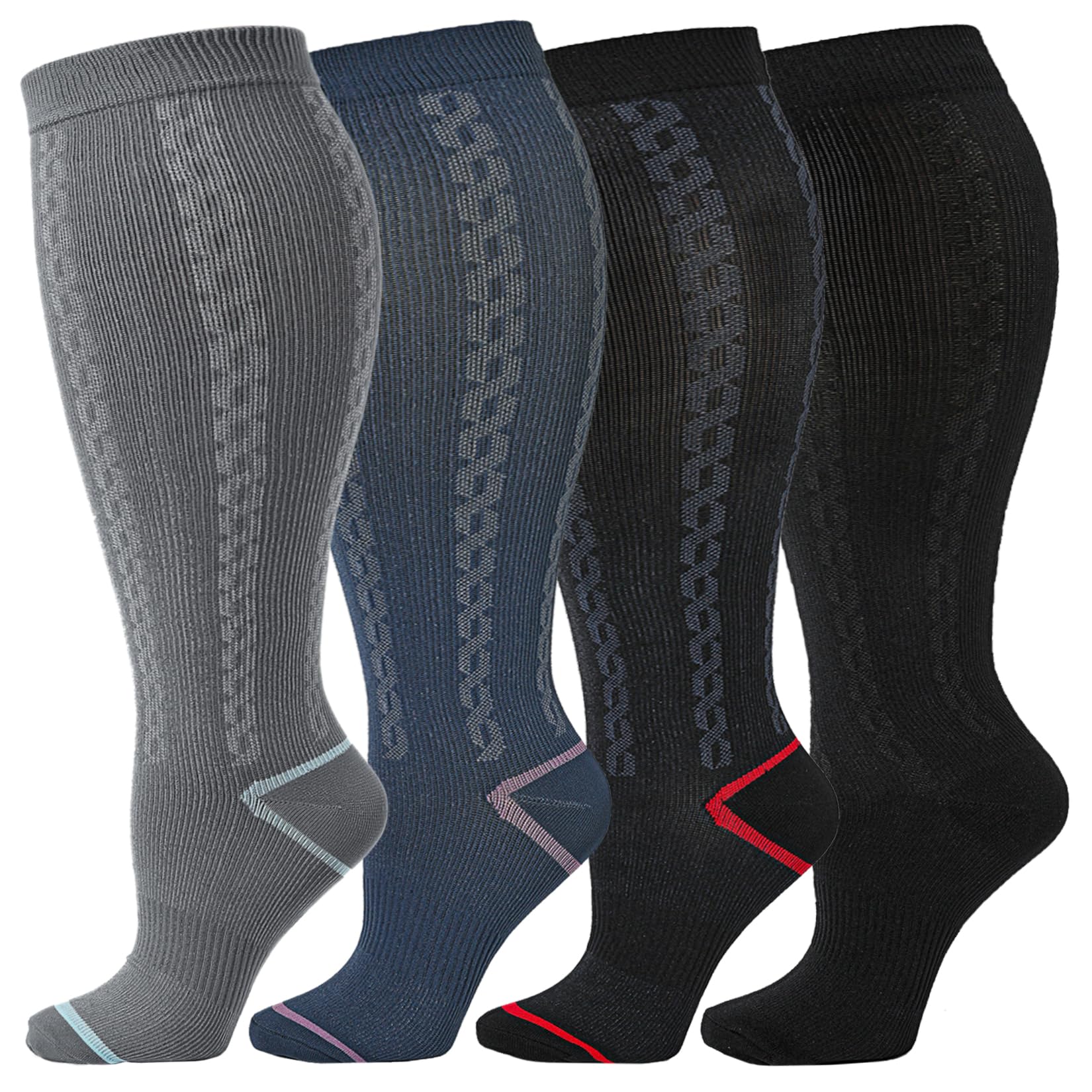 Kickticks Plus Size Compression Socks-Wide Calf Knee High Socks for Men & Women, 20-30mmHg, Available in 2XL to 4XL, 4 Pairs