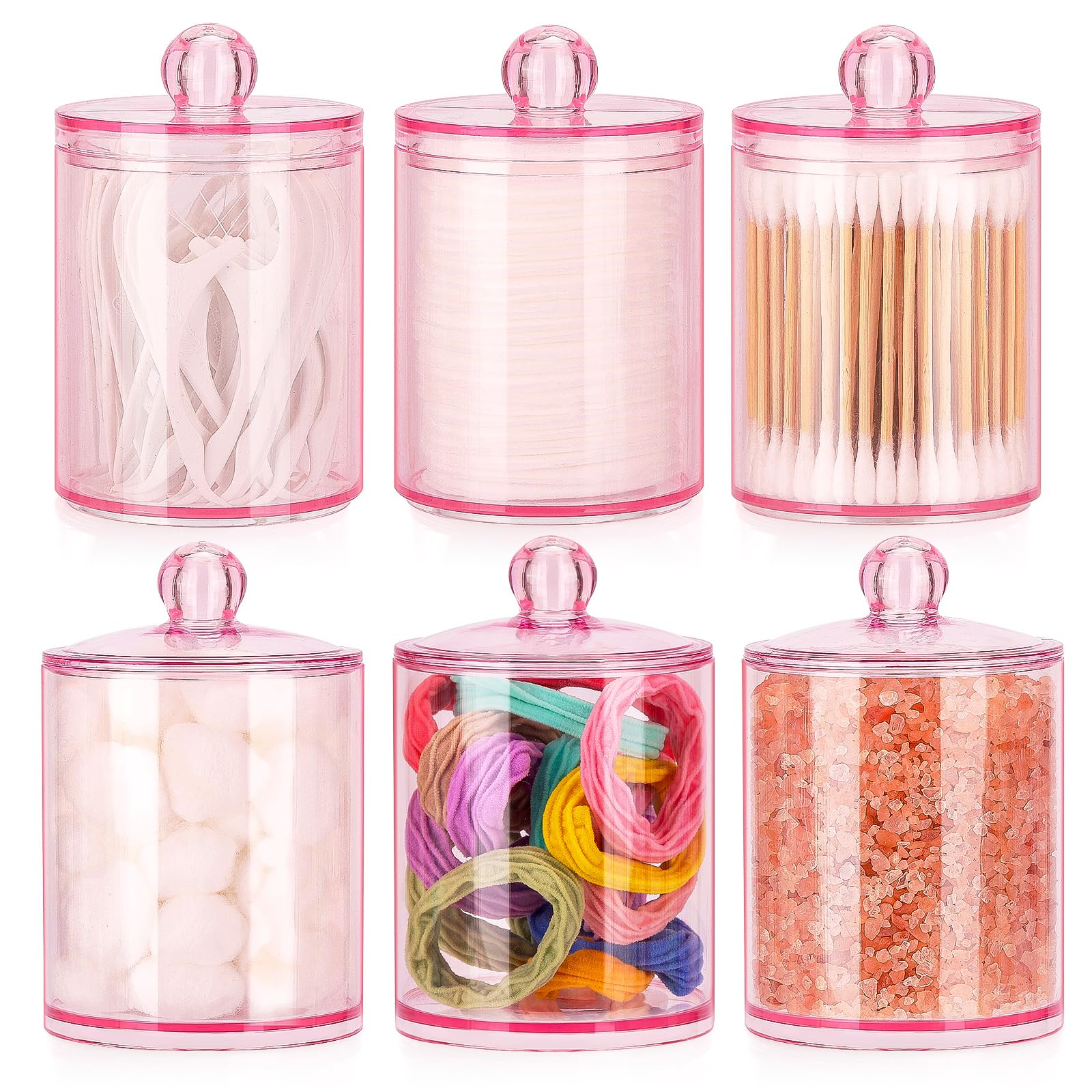 Tbestmax 6 Pack Qtip Holder - 12 oz, 10 oz Bathroom Organizer and Storage Containers, Plastic Apothecary Jars with Lids for Cotton Ball, Cotton Swab, Floss, Pink