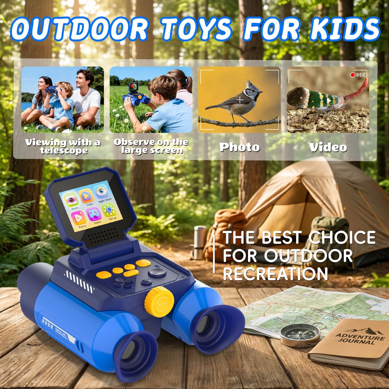 Binoculars for Kids with Night Vision, Ahalfcit 2.4" HD Screen & 10X Zoom for Photo and Video - Outdoor Adventure Binoculars Bird Watching, Camping, Hiking, Gifts for Kids Ages 4+ (Blue)