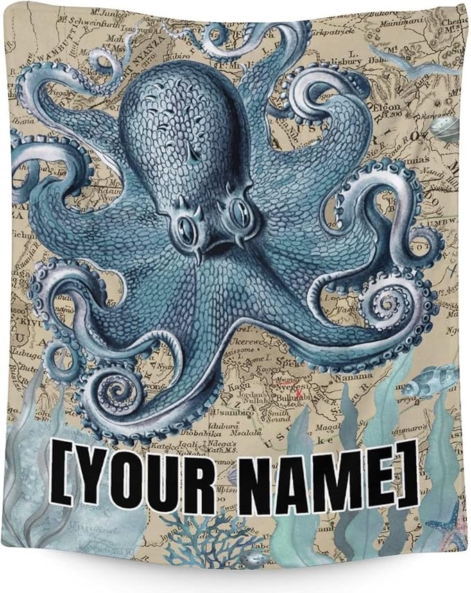 Mercuryelf Custom Octopus Throw Blanket - Soft, Fuzzy & Warm - 50x60 Inches Flannel Blankets for Living Room, Sofa - Vintage Throws Gift for Teens