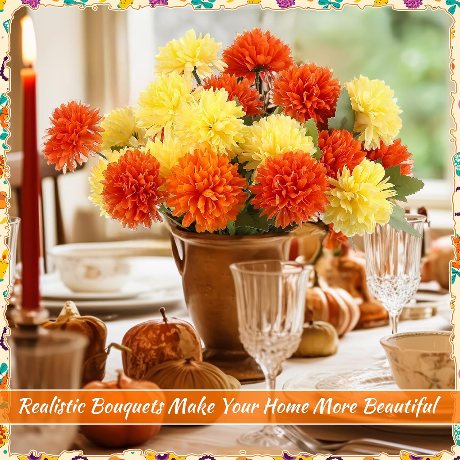 Suncalla 10 Bundles Artificial Marigold Flower Faux Chrysanthemum Flower Fake Silk Fall Ball Florals Bouquet for Autumn Day of The Dead Home Decor Indoor Arrangement Table Centerpiece (Orange, Yellow)