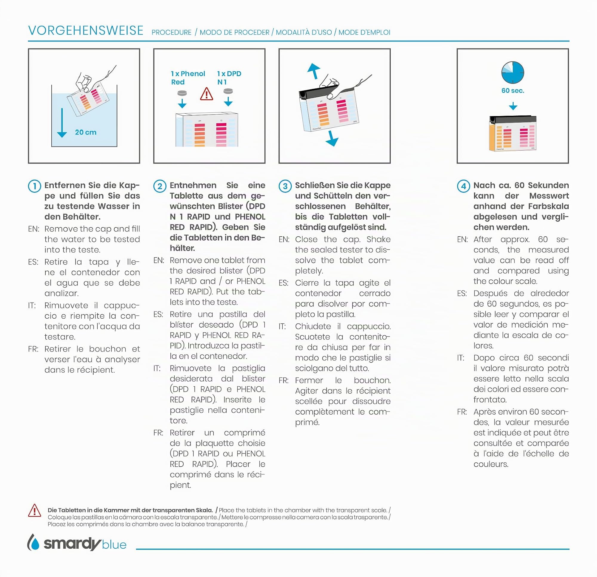 smardy Probador Kit - 240 Pastillas de Prueba Rápida para Agua Potable, Acuario, Piscina - 120 Phenol Red (Valor de PH) y 120 DPD1 (Cloro libre, Bromo) & 1x Medidor de Agua & Caja de Almacenamiento