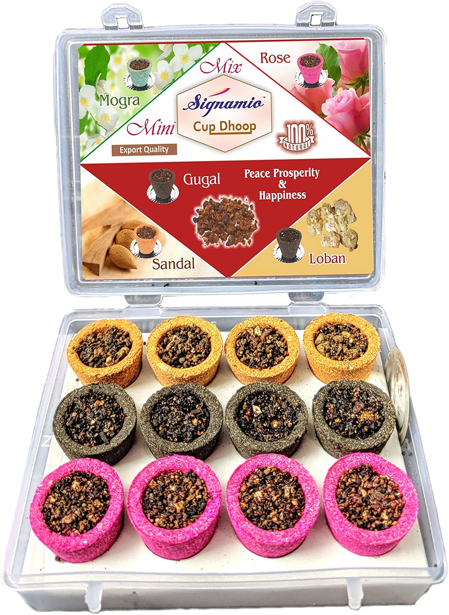 SIGNAMIO® Upgraded Mini Dhoop Cup with Burner Plate for Havan, Yoga, Pooja, Meditation and Spiritual Events - Mix 3 Flavour