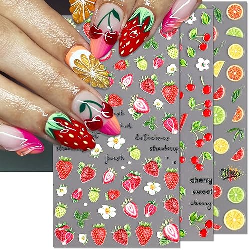 IDDFEVE Embossed Fruit Nail Art Stickers - 5D Cherry Strawberry