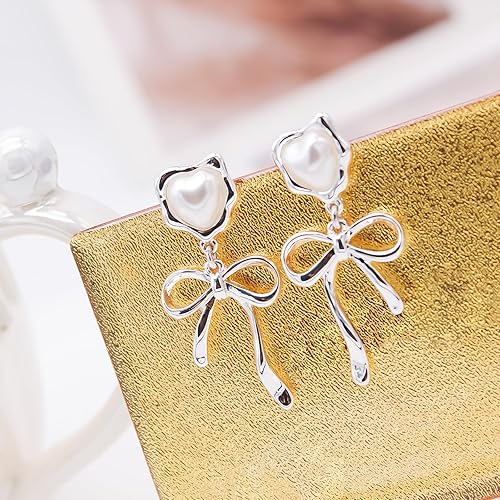 Miniatura 6 de Bow Pearl Earrings for Women,Christmas Silver Dangle Earrings Heart-Shaped Pearl Handmade Earrings - Wedding Guest Earrings Small,and Exquisite