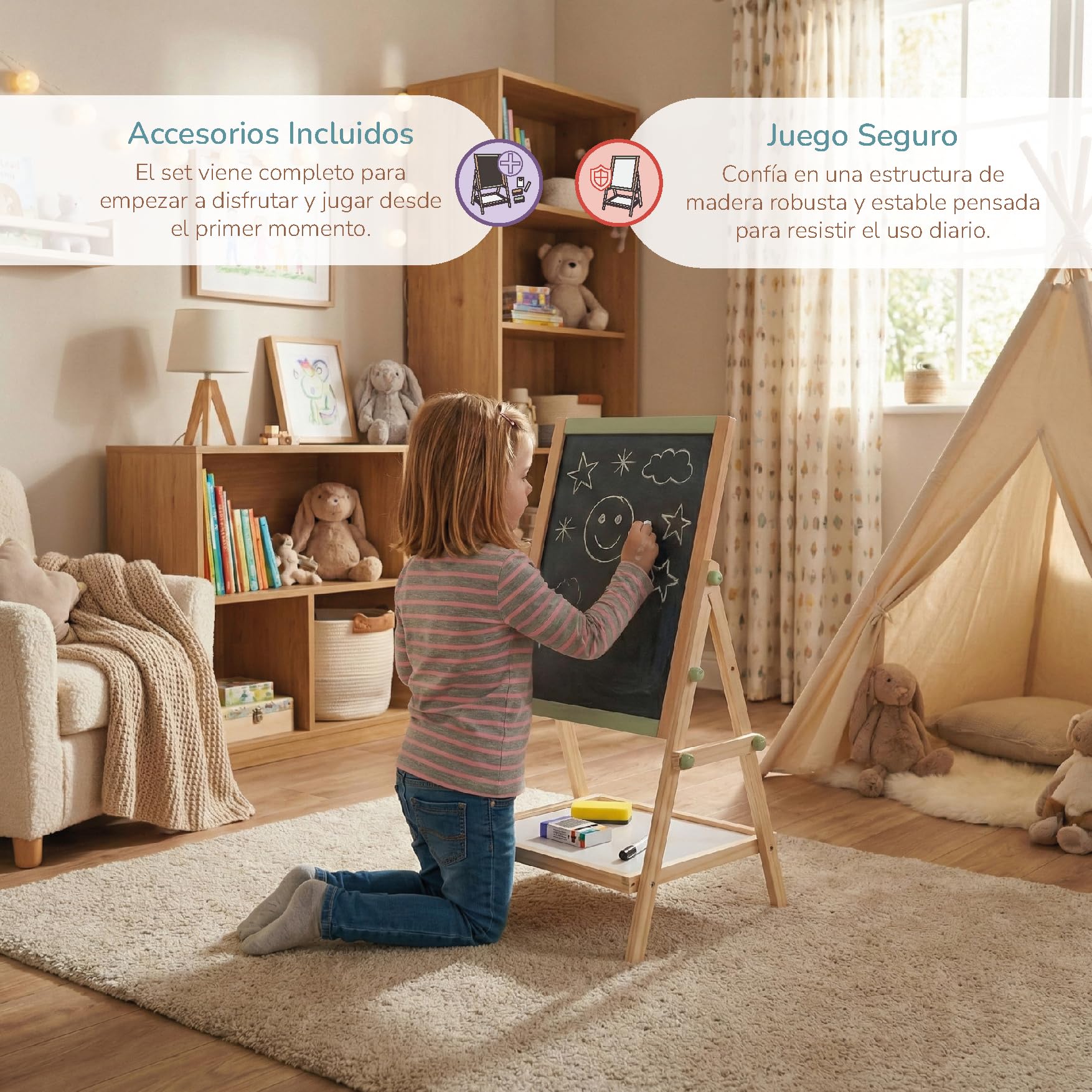 Buddy Baby - Pizarra Creativa 2 en 1 CreativeBoard - Desde 3 años - Superficie blanca y tiza - Incluye caja de tizas, 2 borradores y 1 boli - Balda inferior para accesorios - Ajustable en altura