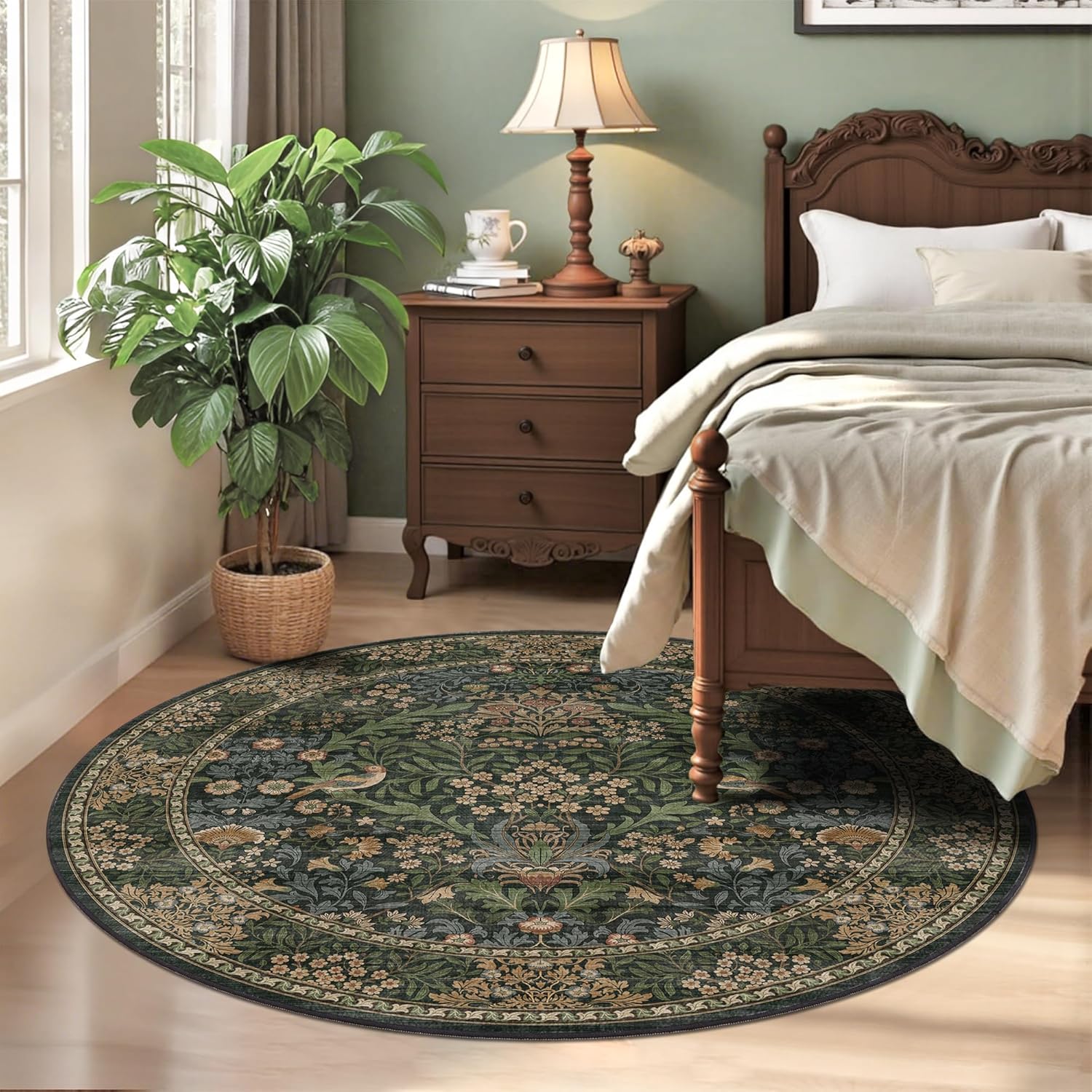 4ft Round Area Rugs for Living Room, Washable Floral Circle Rug Non Slip Low Pile, Vintage Boho Botanical Birds Throw Carpet for Farmhouse, Bedroom, Dining Room, Retro Gold/Green