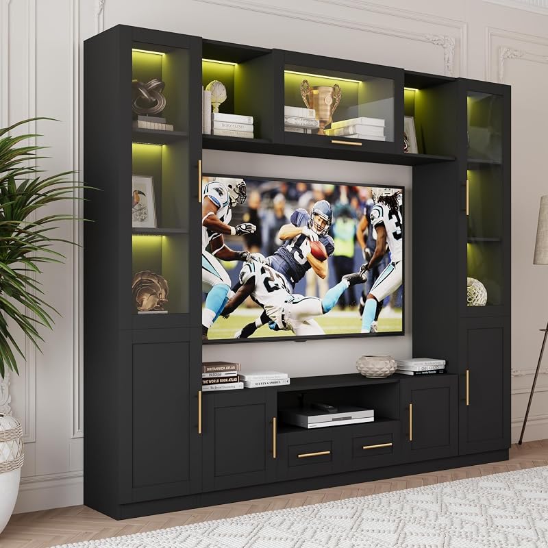 Bobve 94" Wall Unit Entertainment Center for TVs up to 70",Modern TV Console with APP LED Lights,Multifunctional TV Stand with Tempered Glass Door,Drawers & Shelves for Living Room,Black image 3