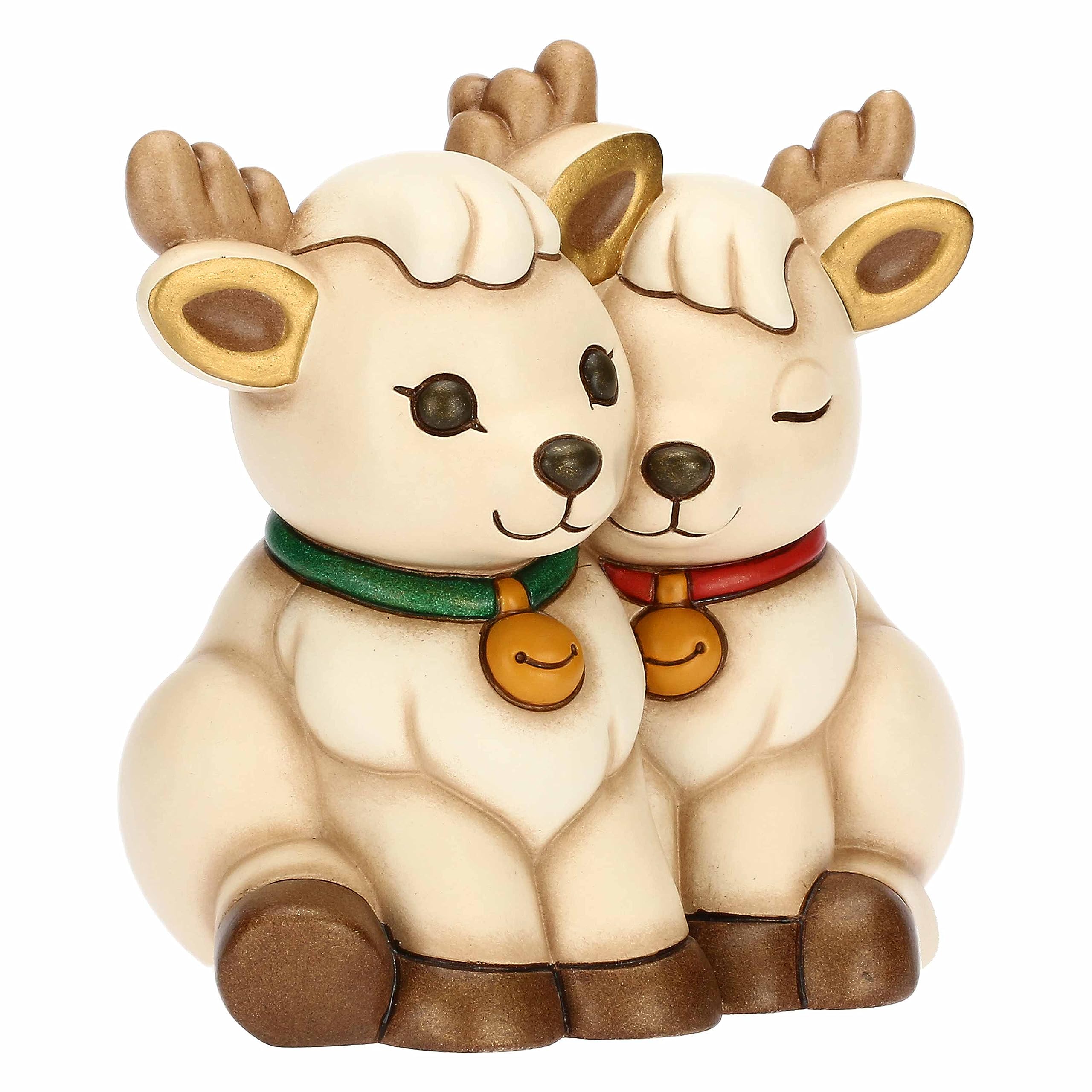 THUN, Coppia Renna Robin Abbracciati in Ceramica Decorata a Mano, Addobbo Natalizio, Idea Regalo, 14.7x9.5x13.4 cm h