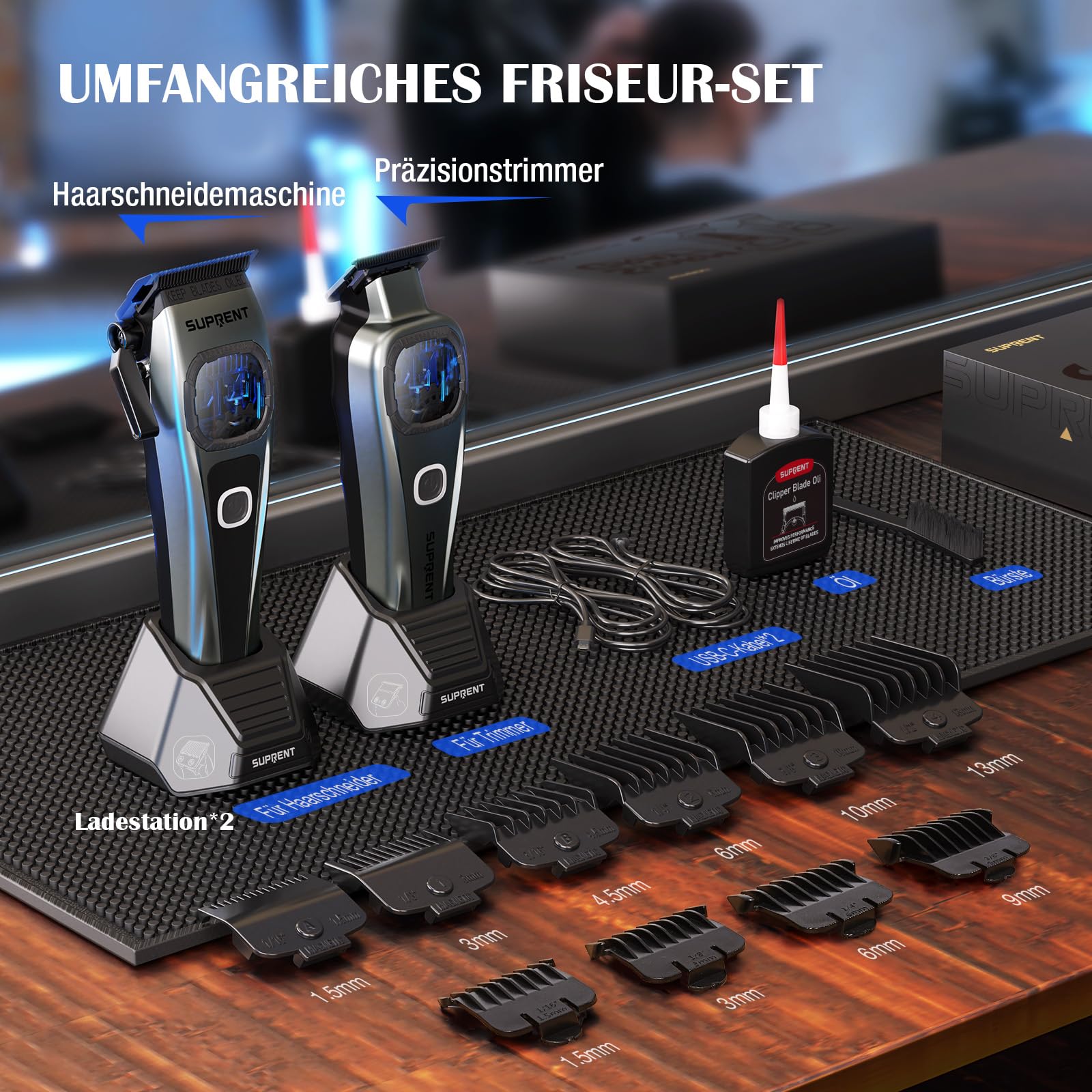 SUPRENT Haarschneidemaschine Herren Profi Titanbeschichtete Fade-Klinge Einstellbares Zero-Gap T-Blade 5 Längenstufen 2500mAh Akku Typ-C Ladestation
