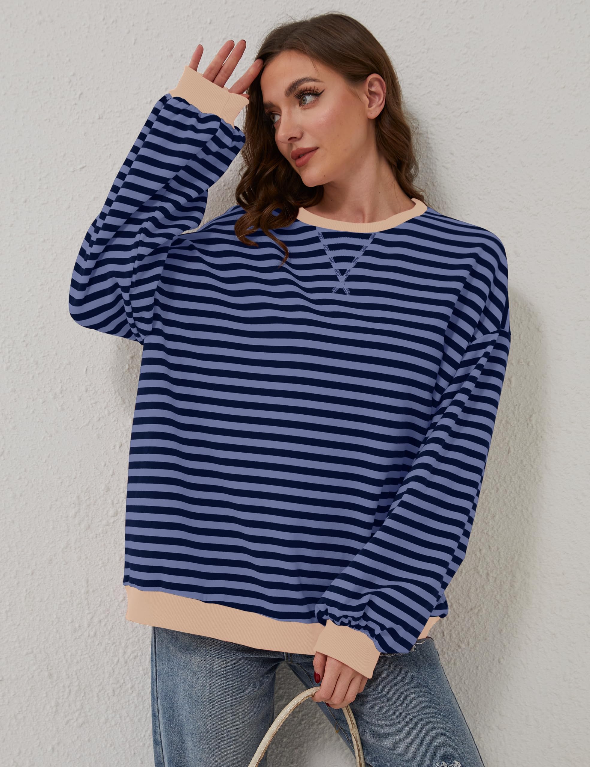 Chicrise Felpa Donna Oversize A Righe Maglia Maniche Lunghe Scollo Rotondo Pullover Autunno Casual
