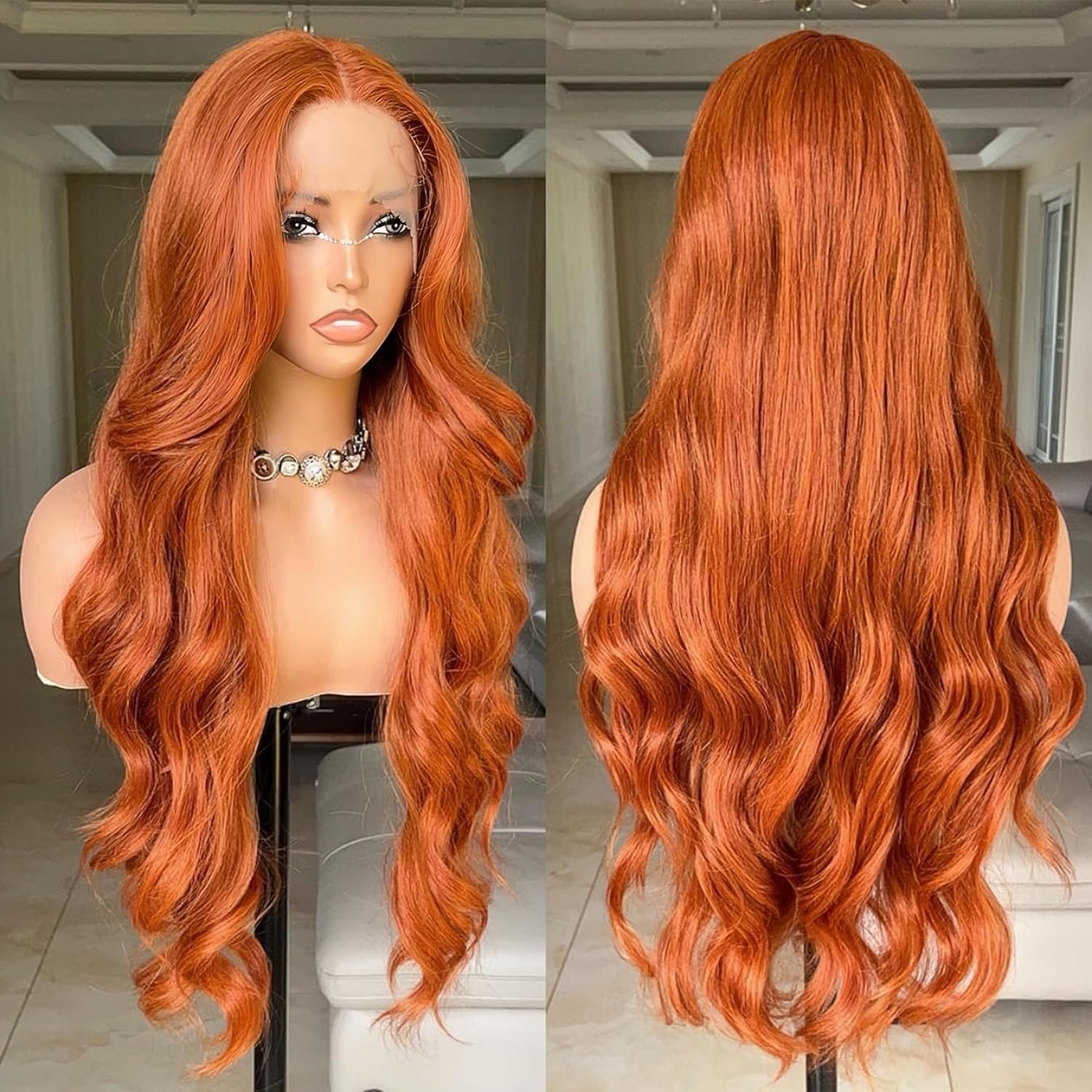 FABLLE Ginger Lace Front Wig - 30 Inch Long Body Wave, Pre-Plucked with Baby Hair, Sun Orange Color