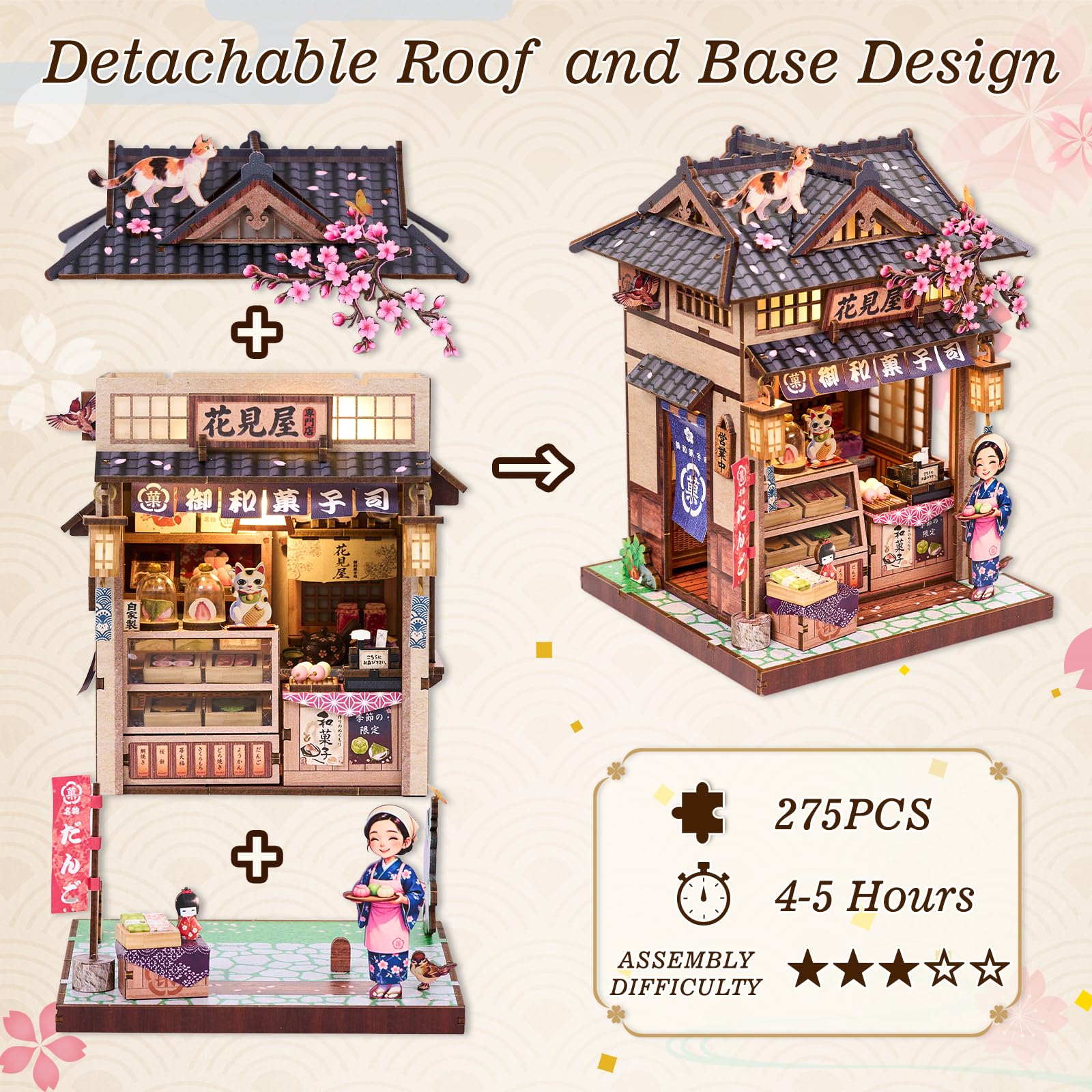 Hanamiya - Kit fai da te per casa delle bambole in miniatura, puzzle 3D in legno con luce LED, fiori di ciliegio e mobili, decorazione accogliente per la casa, hobby rilassante per adulti