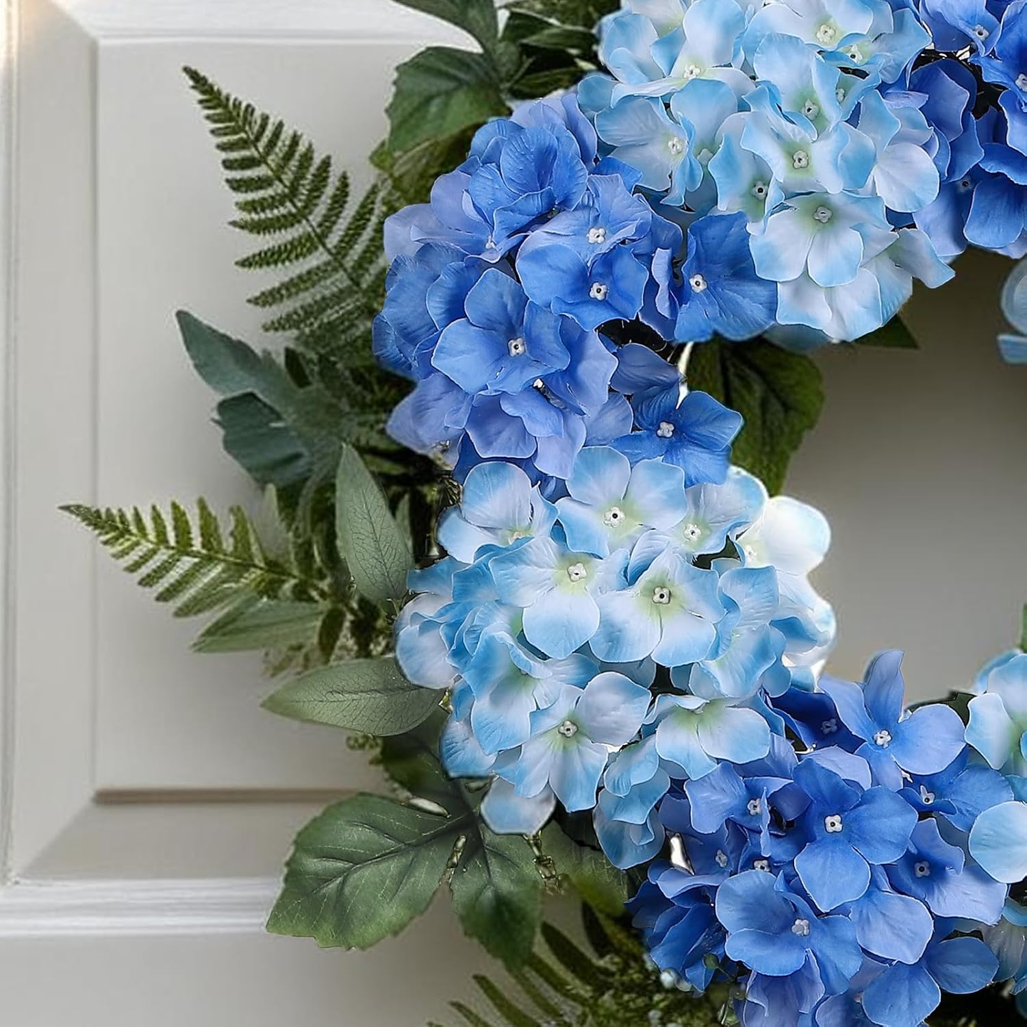 26 Inch Hydrangea Spring Wreaths for Front Door, Blue Hydrangea Wreath Artificial Door Wreaths Spring Summer Decor with Fern Leaves for Indoor Outdoor Home Wall Porch Window or Wedding Decoration
