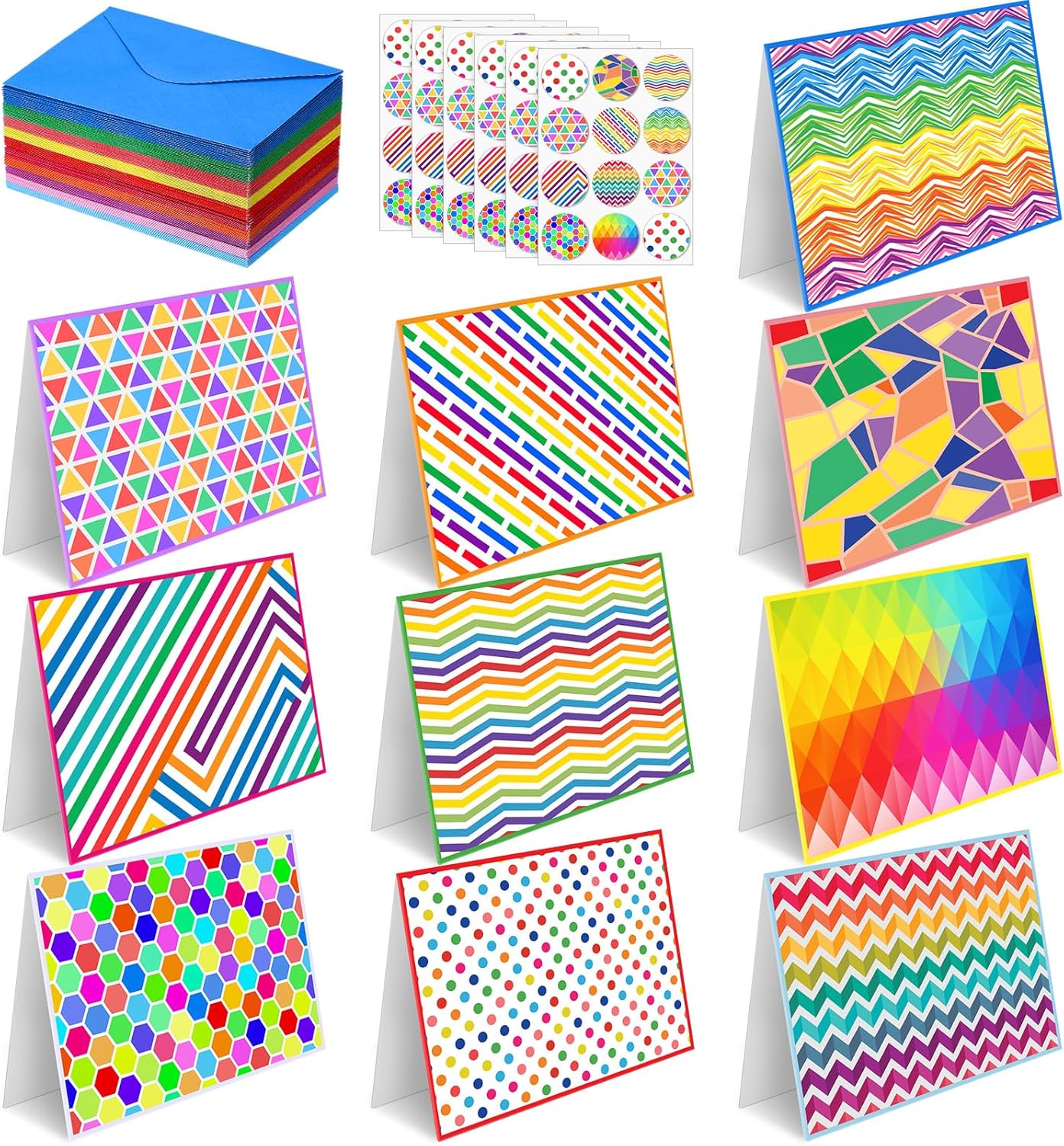 Motiskyy 100 Pcs Blank Cards with Envelopes 4x6, Bright Patterns Blank Greeting Cards, 10 Designs, Ideal Stationary Set for All Occasions, Stationary with Matching Colored Envelopes and Stickers