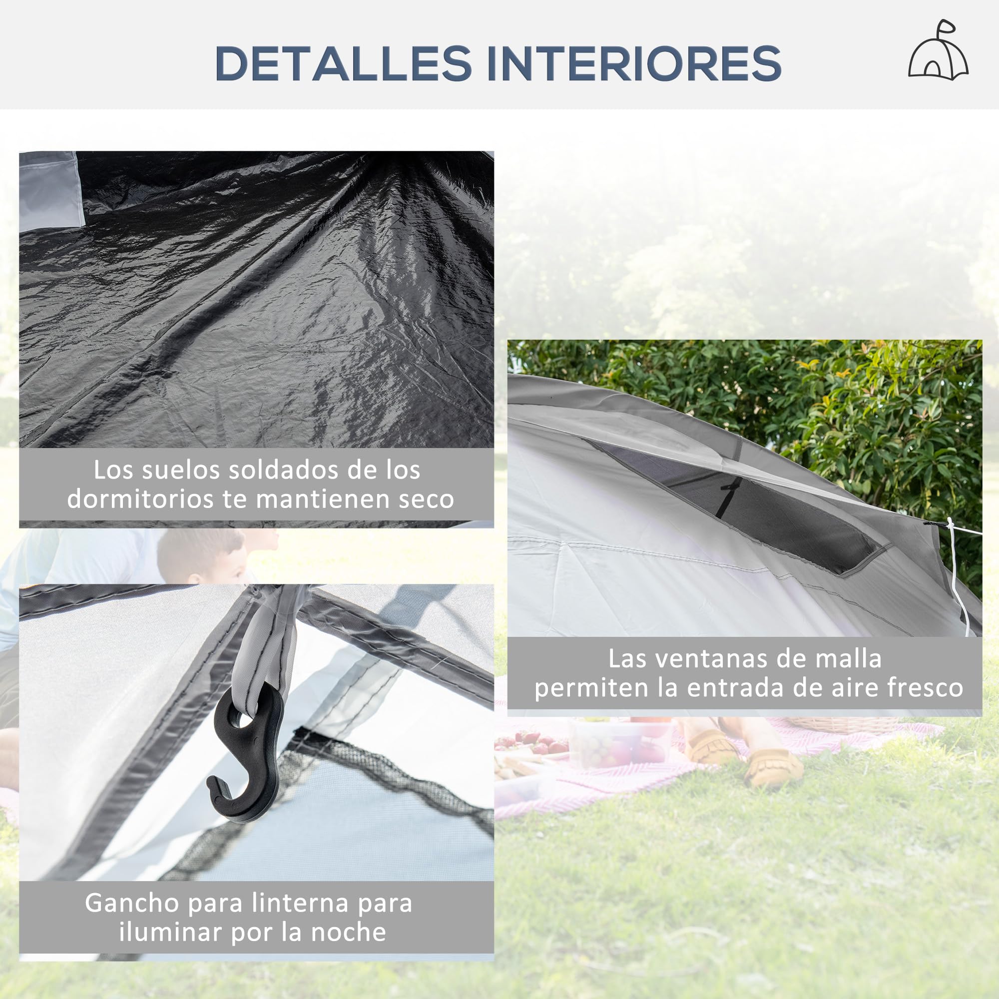 Outsunny Tienda de Campaña Familiar para 4-6 Personas Tienda de Camping Plegable Ligero con 2 Ventanas y Bolsa de Transporte Impermeable Anti-UV para Senderismo 590x245x193 cm Gris