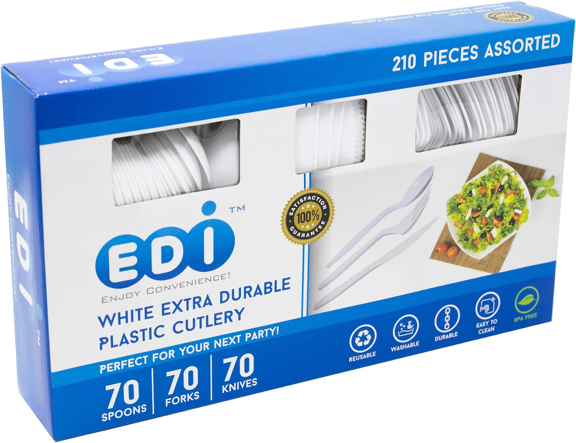 EDI [210 Piece] White Disposable Plastic Cutlery Set, Assorted - 70 Forks, 70 Knives, 70 Spoons | Extra Durable