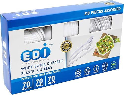 EDI desechables cubiertos de plástico, 70 Tenedores, 70 Cuchillos, 70 cucharas, color blanco, 210 unidades