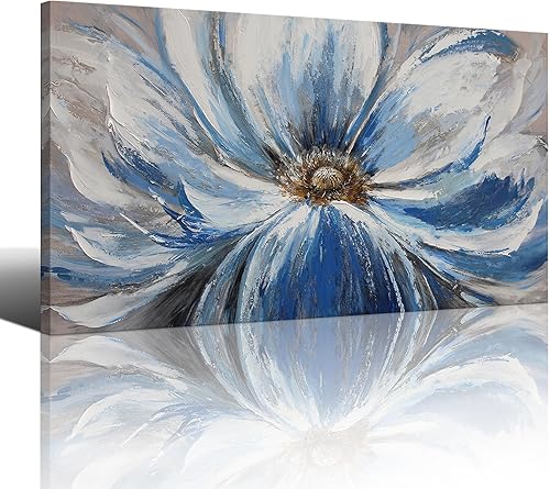 Arte de pared en lienzo de flores para sala de estar, gran imagen de flores blancas y azules, pintura de impresión giclée, decoración de pared, arte disponible en Yaxa Costa Rica