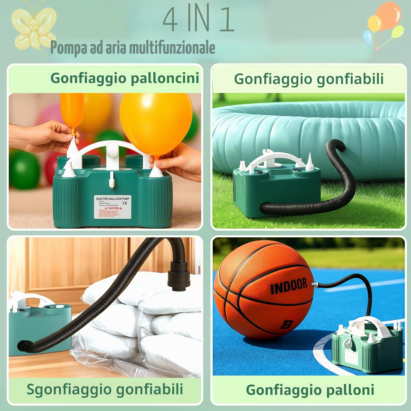 PlusFive Pompa per palloncini 3 in 1, pompa ad aria elettrica (verde)