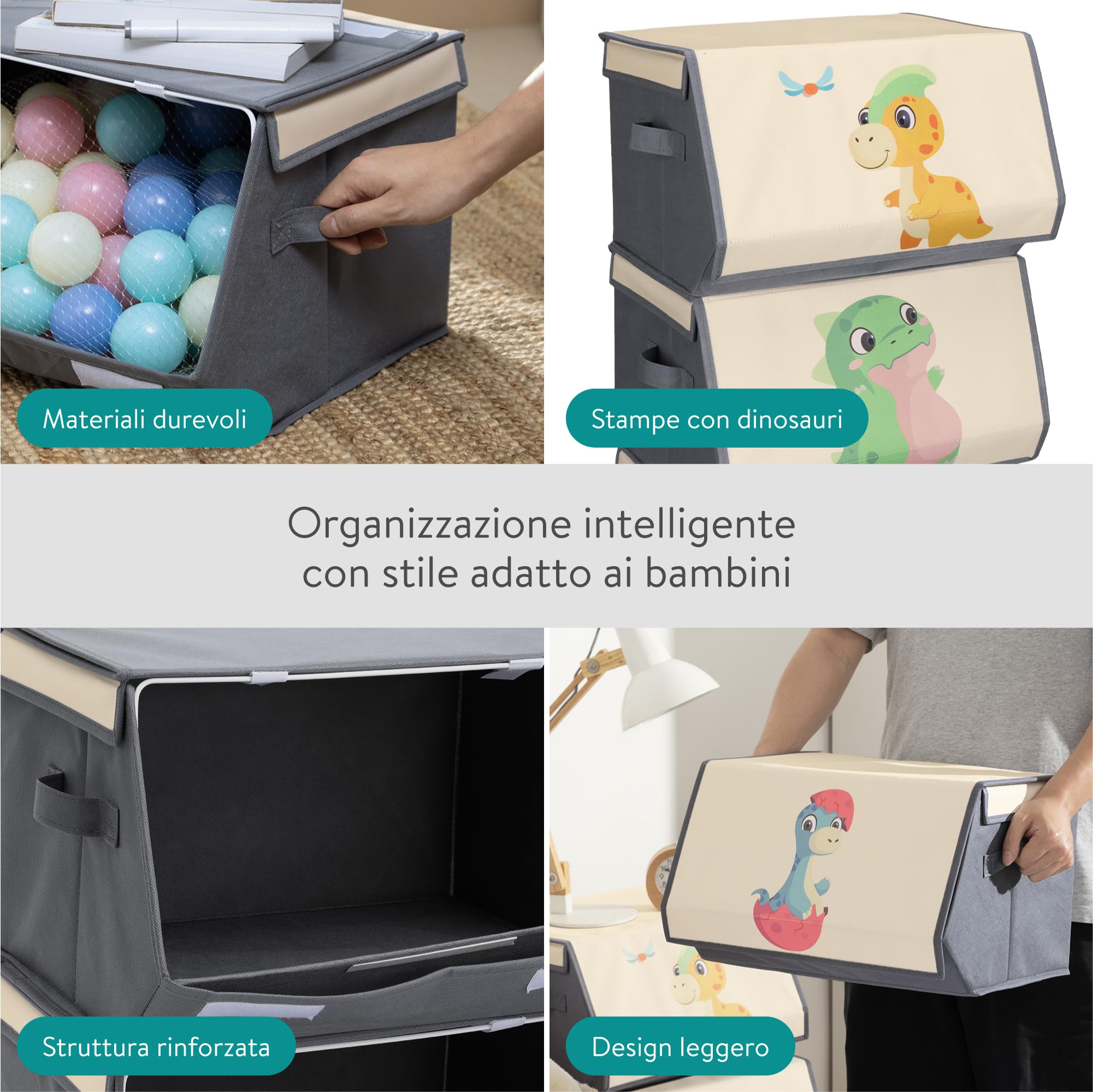 Set Di 3 Scatole Portagiochi Per Bambini Navaris | Design Dinosauri, Impilabili, 38x35x25 Cm | Organizza Giocattoli, Libri, Vestiti