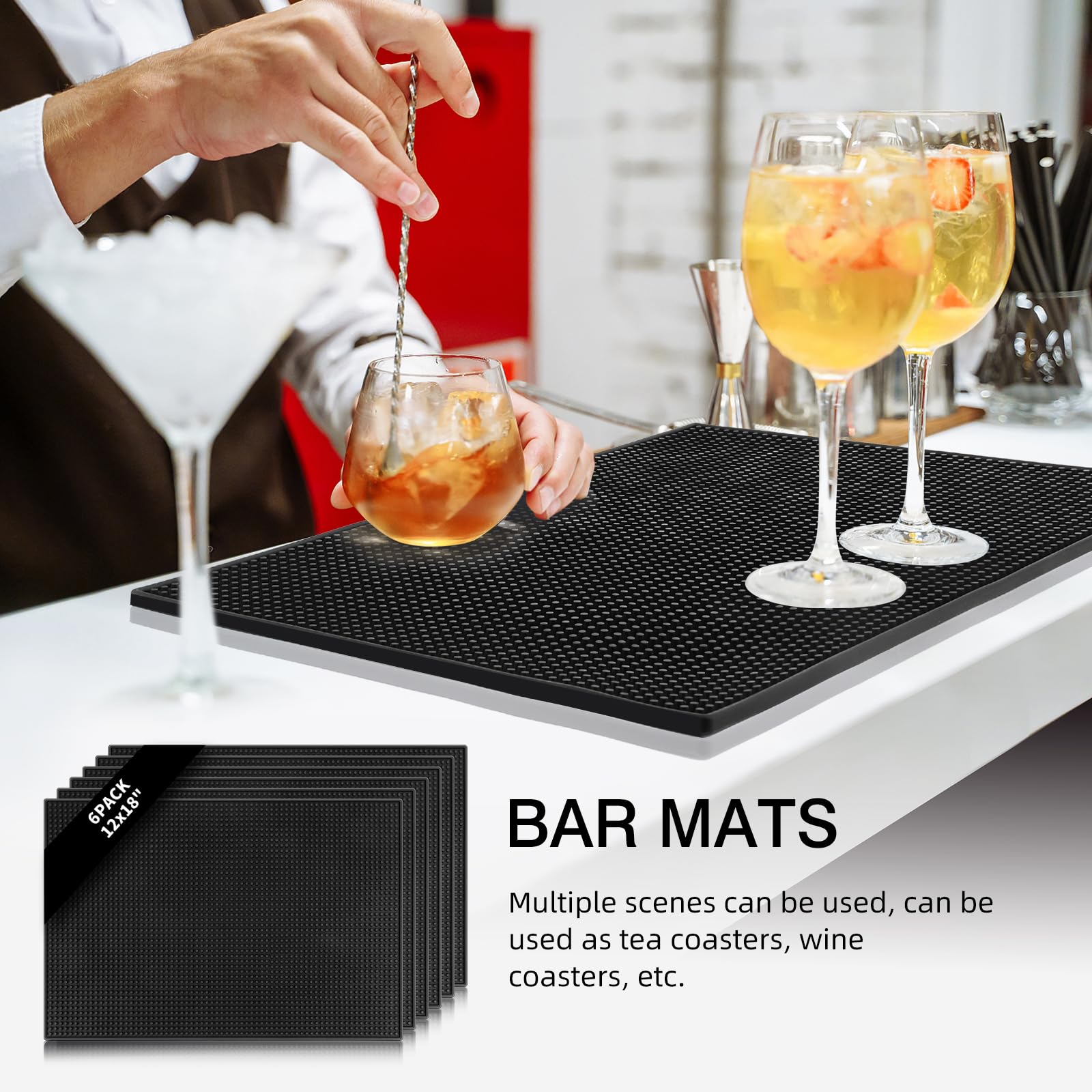 6 Stück Barmatten für Arbeitsplatte, 45,7 x 30,5 cm, Gummi-Silikon, zum Trocknen von Kaffee, rutschfeste Matte für Barkeeper, Cocktailbars, Restaurants (schwarz)