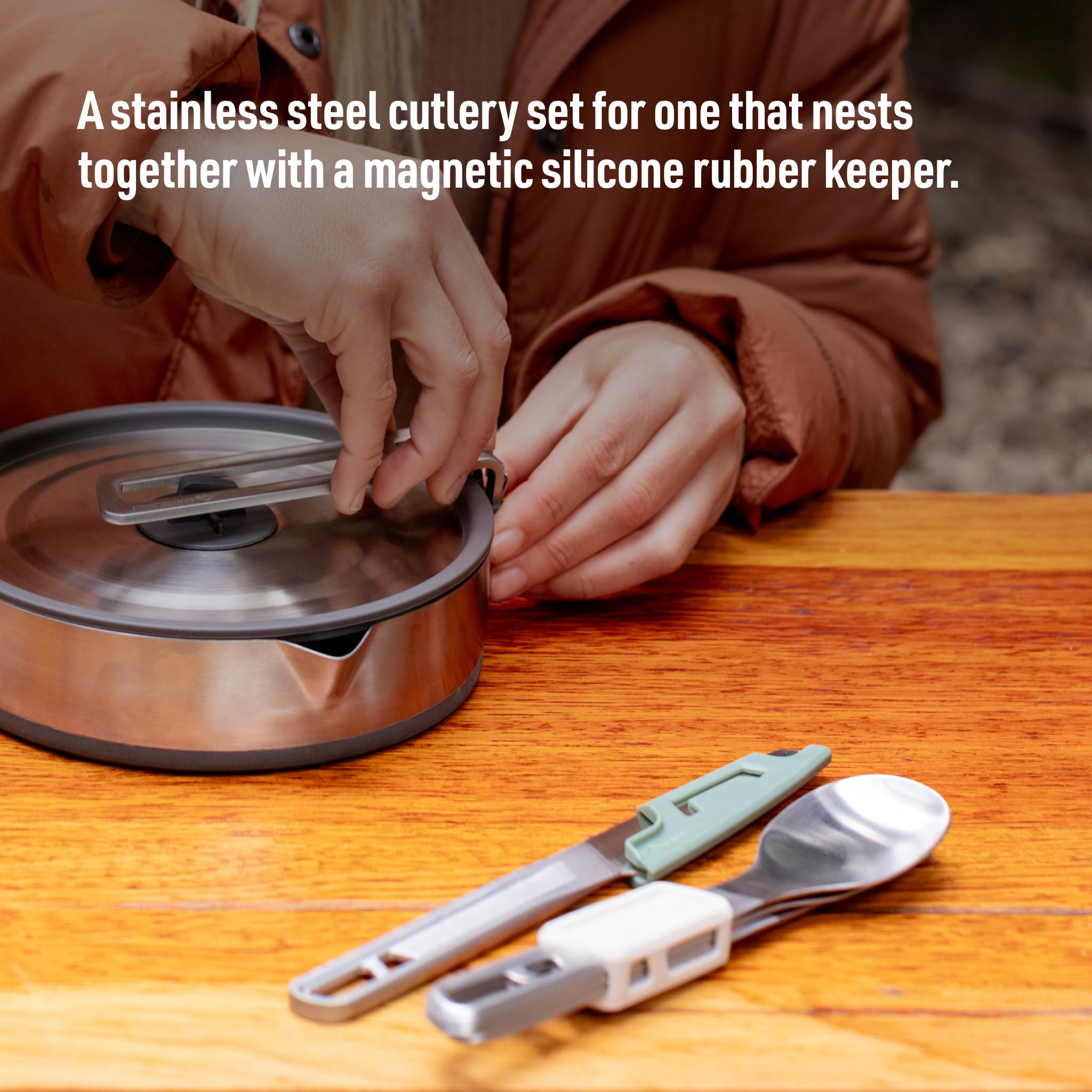 Sea to Summit Detour Stainless Steel Camp Cutlery Set, 1-Person (Knife, Fork, Spoon w/Silicone Keeper)