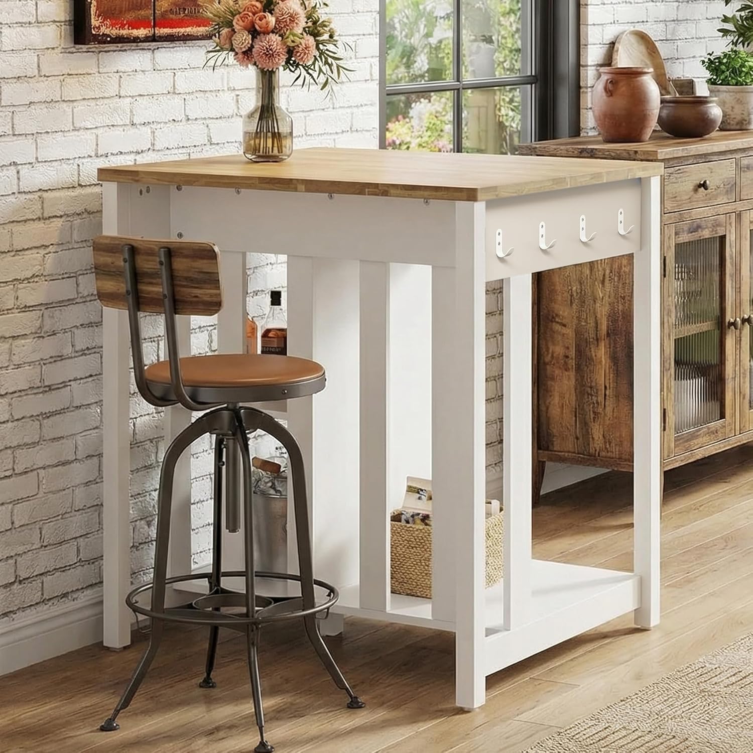 LAZZO Kitchen Island with Storage for Small Space, 35.4" Farmhouse Style Cabinet with Fridge Space, Small Kitchen Table with Rubberwood Tabletop and Power Outlets for Dining Room Wihte (35.4" L)