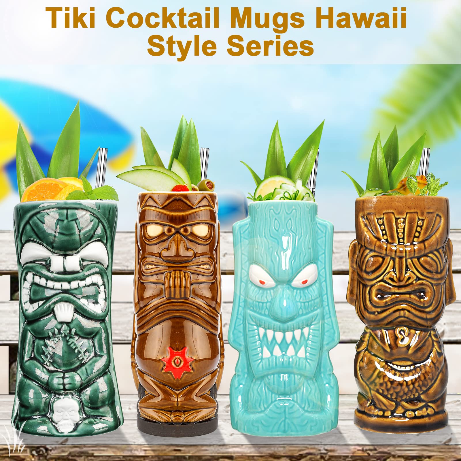 Tiki-Tassen-Set Aus Keramik – 4 Stück, Handbemalt, Für Cocktails & Partys, Hawaiianisches Deko-Geschirr