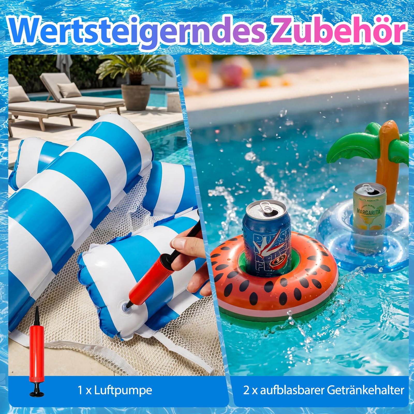 2 Stück Luftmatratze Wasser mit 1 Luftpump und 2 Getränkehalter，4 in 1 Wasserhängematte mit Netz Aufblasbare Schwimmsessel Wasser Matratze Pool Zubehör Liege Sofa Stuhl Sitz Erwachsene Kinder Stabil