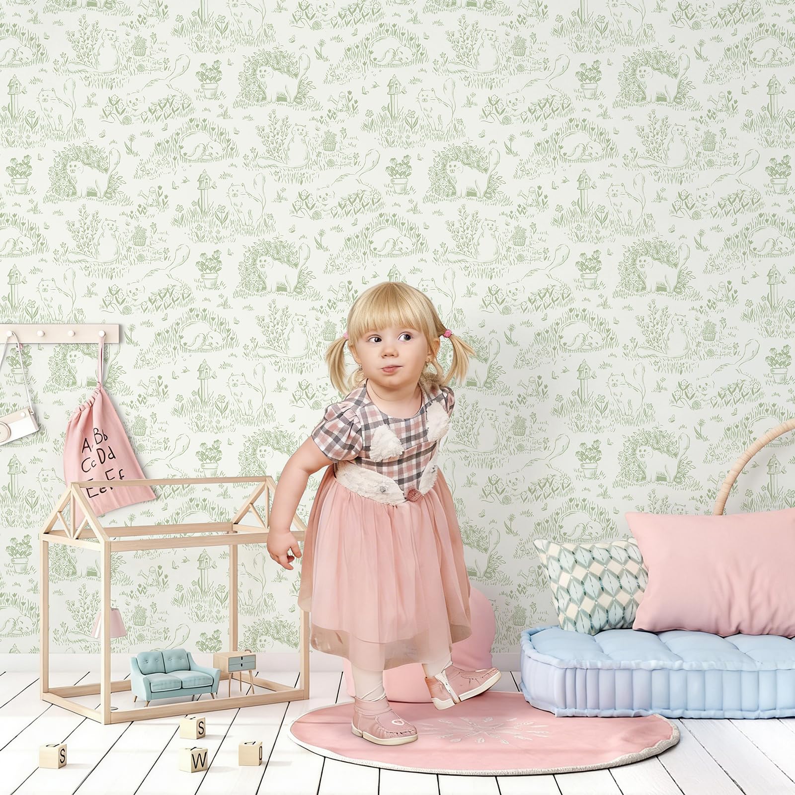 Folia winylowa, zielone koty, skrzynki pocztowe i botaniczna, samoprzylepna tapeta 44 x 1000 cm, styl boho, tapeta ze wzorem w stylu boho, do pokoju dziecięcego, sypialni, szafy, dekoracja