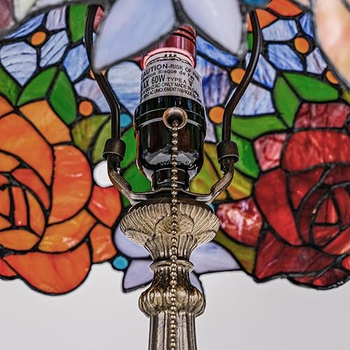 Miniatura 8 de Tiffany Style Stained Glass Table Lamp, Floral Pattern Desk Light with Antique Bronze Resin Base, Red Roses Decorative Lighting for Bedroom, Living
