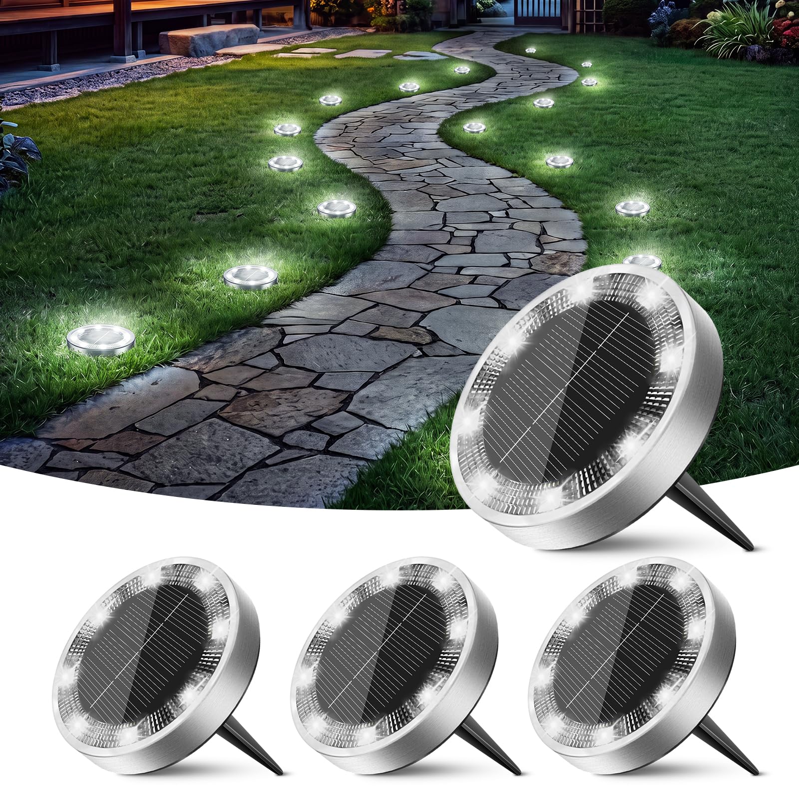 Peasur Mini Solar Ground Lights Outdoor, 4 Pack Flat Solar Powered Disc Lights, IP68 Waterproof, Anti-Rust, Landscape Lighting for Pathway Garden Yard Lawn Walkway Landscape Driveway, Cool White
