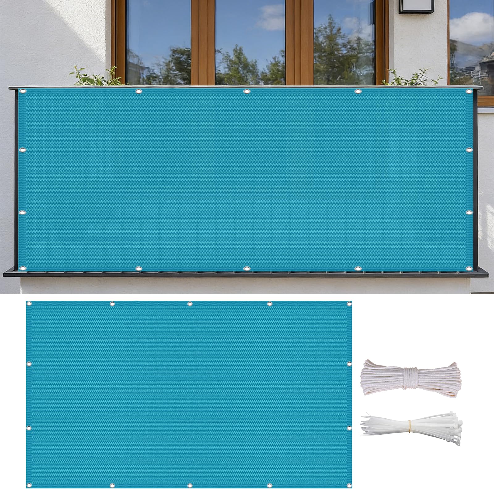 Telo Balcone 60 x 650 cm in HDPE 220G ㎡, Permeabile, Anti-Uv, Frangivento, Protezione Solare, Recinzione Copertura per Balcone con Fascette e Funi para Jardín Exterior, Blu