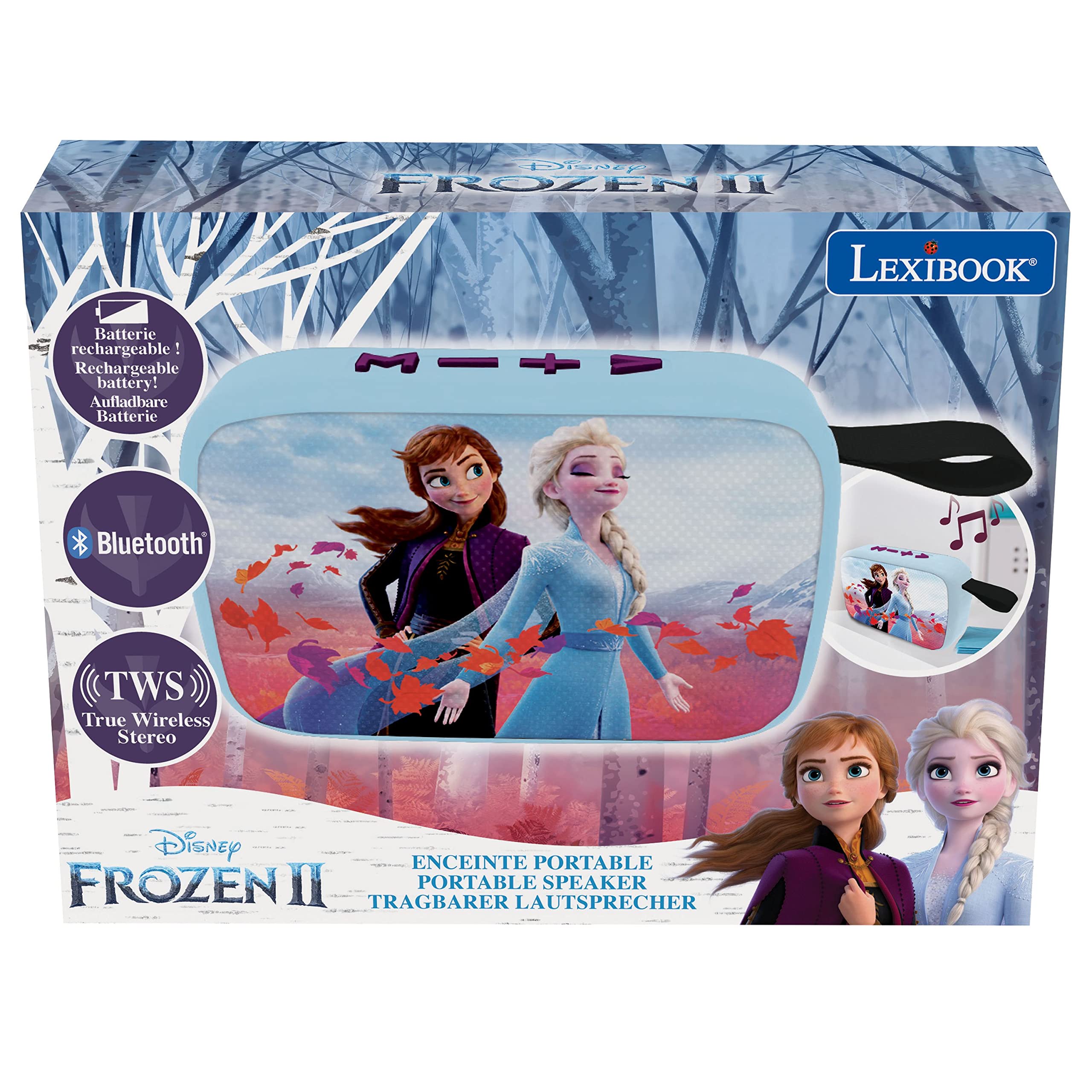 Lexibook Disney Frozen, Przenośny Głośnik Bluetooth. Bezprzewodowy. Radio Fm. USB. Karta Sd. Akumulator. Niebieski, Fioletowy. BT018FZ