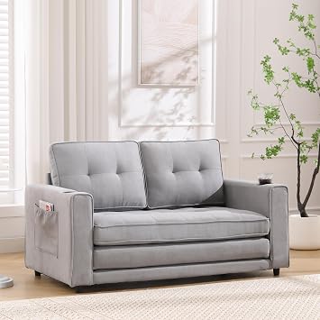 3-in-1 Upholstered Futon Sofa Convertible Sofa Bed Foldable Tufted Loveseat Pull Out Sleeper Couch Folding Mattress Love Seat Daybed with Side Pockets Cup Holder,LightGrayFabricFoam1