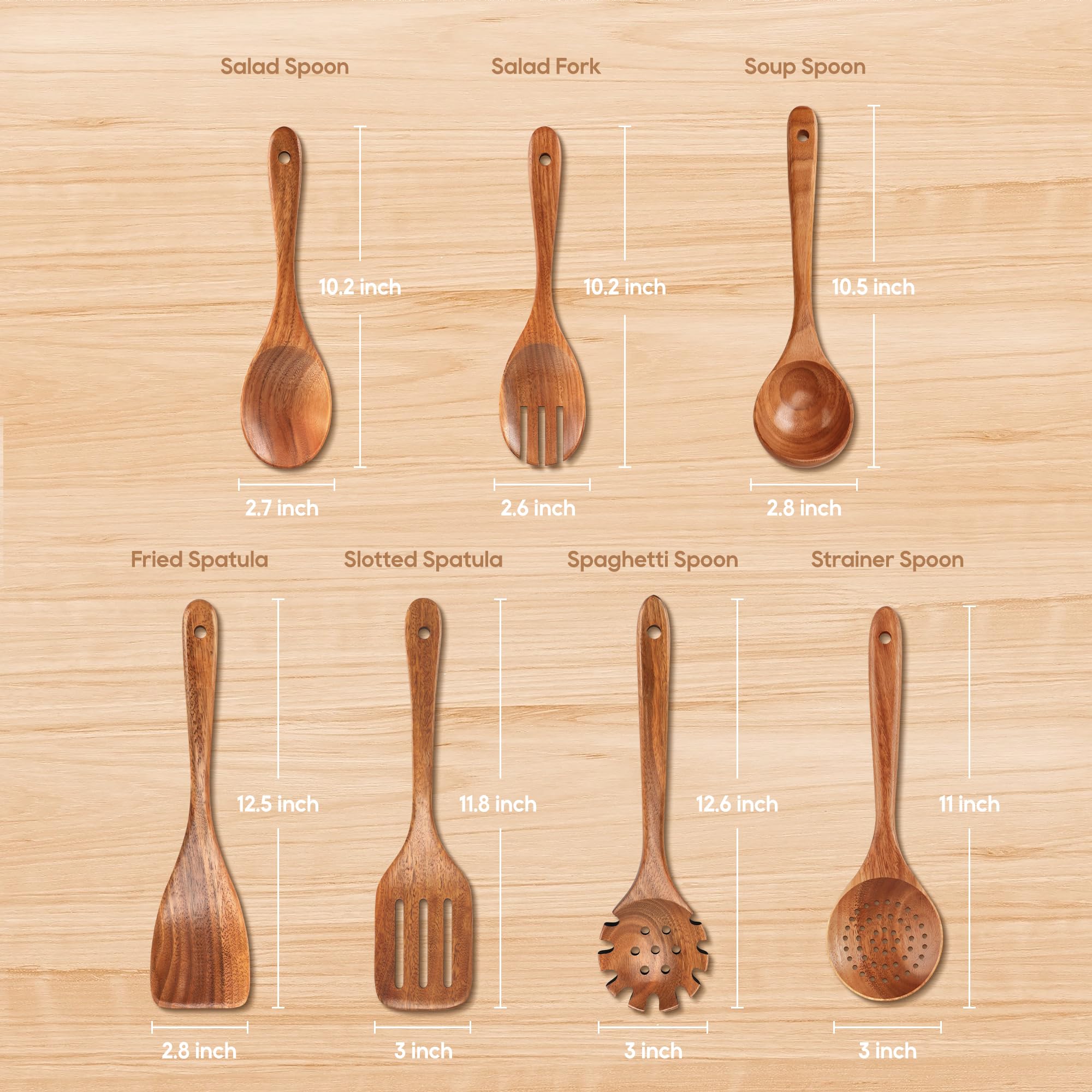 Juego de 7 cucharas de madera para cocinar, utensilios de cocina de teca natural, superficie lisa antiadherente, utensilios de madera de agarre suave y cómodo para cocinar