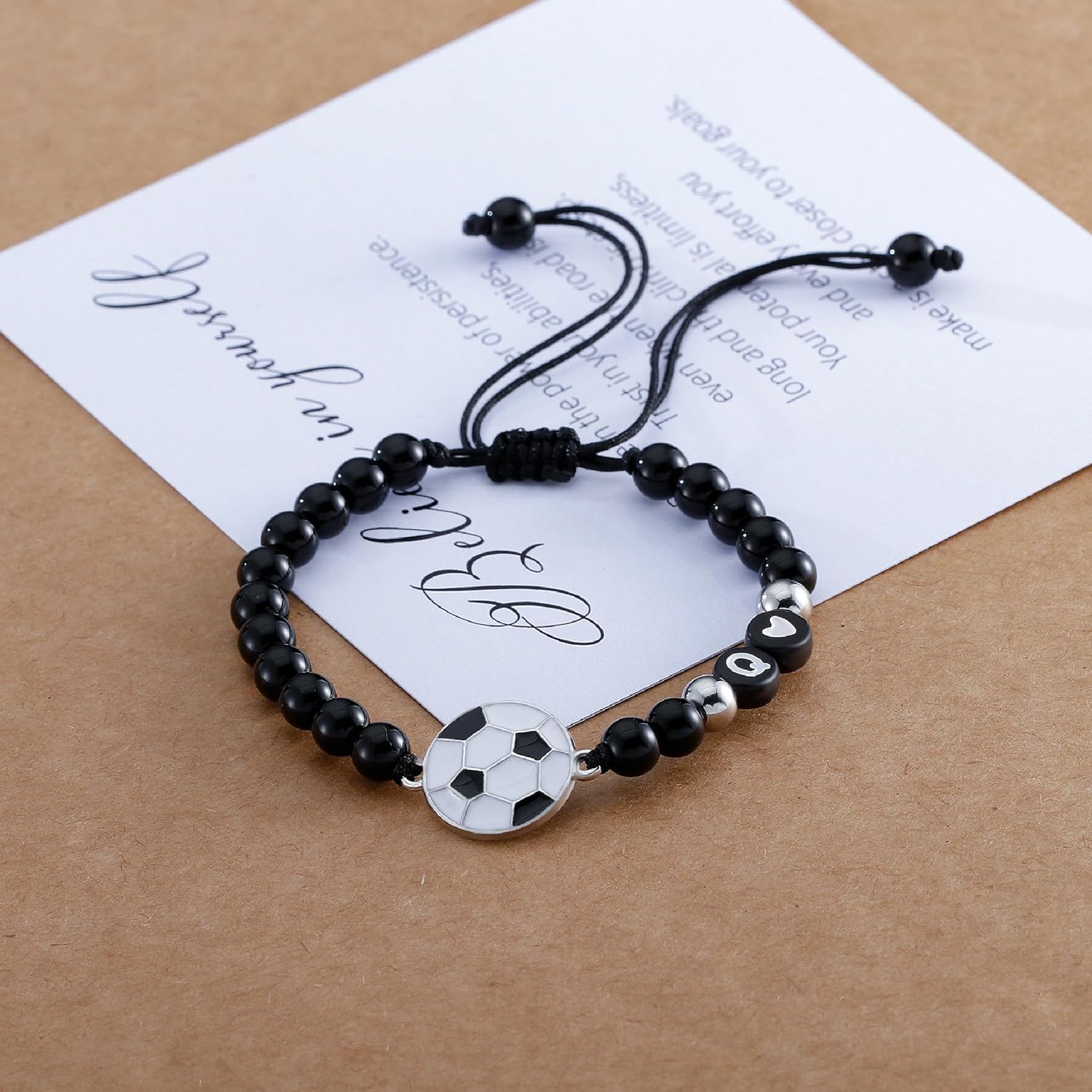 Haoze Football Soccer Initial Bracelet Black Beaded Bracelets Football Soccer Jewelry Sports Bracelet Gifts for Teen Football Lovers Football Soccer Accessories Birthday Gifts for Men Women - Image 5