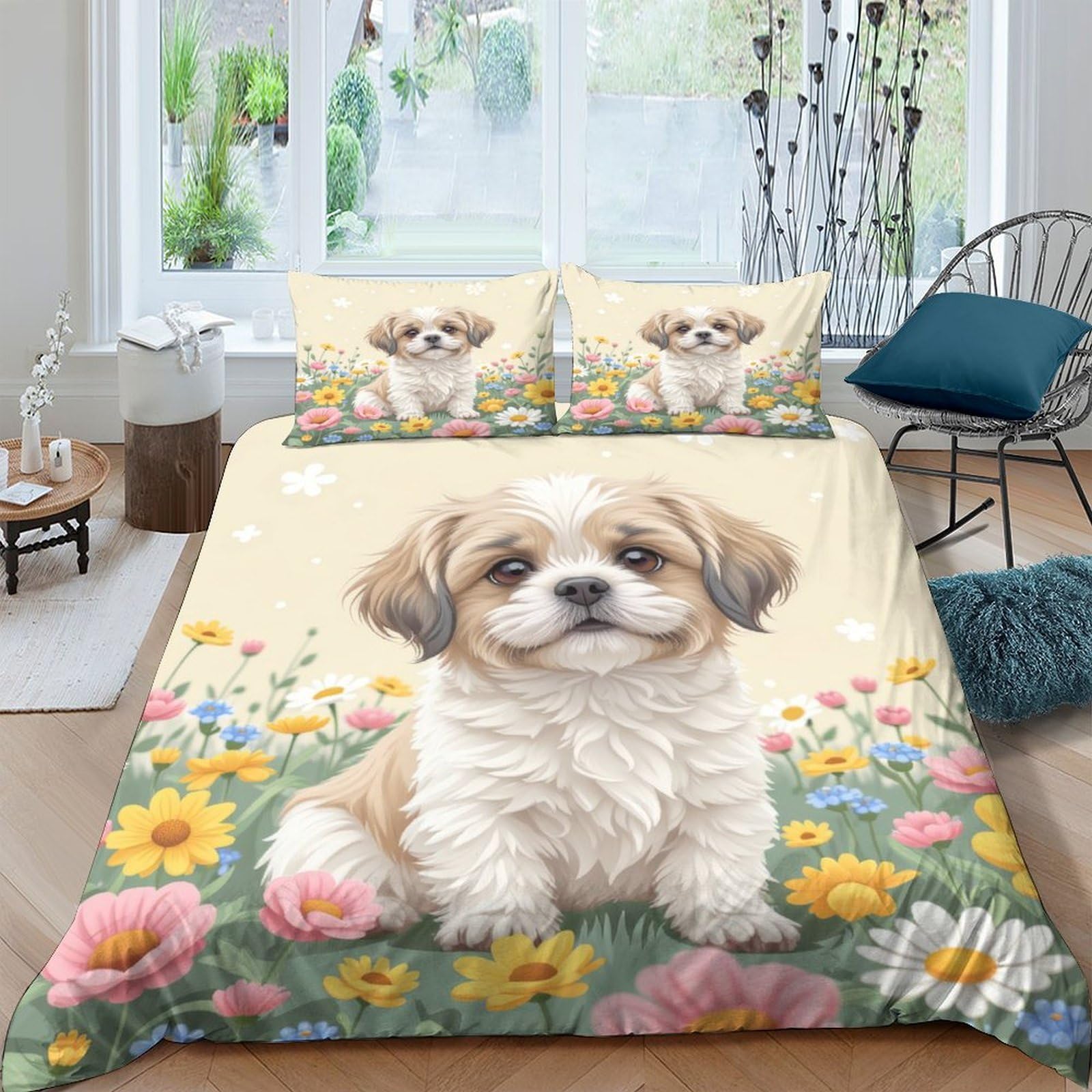 Ctjqhvkz Style-7 3D Printed Puppy Flower Fitted Sheet Microfiber Soft Yellow Floral Bed Cover For Bedroom Guest Room Decor Single（135X200cm）