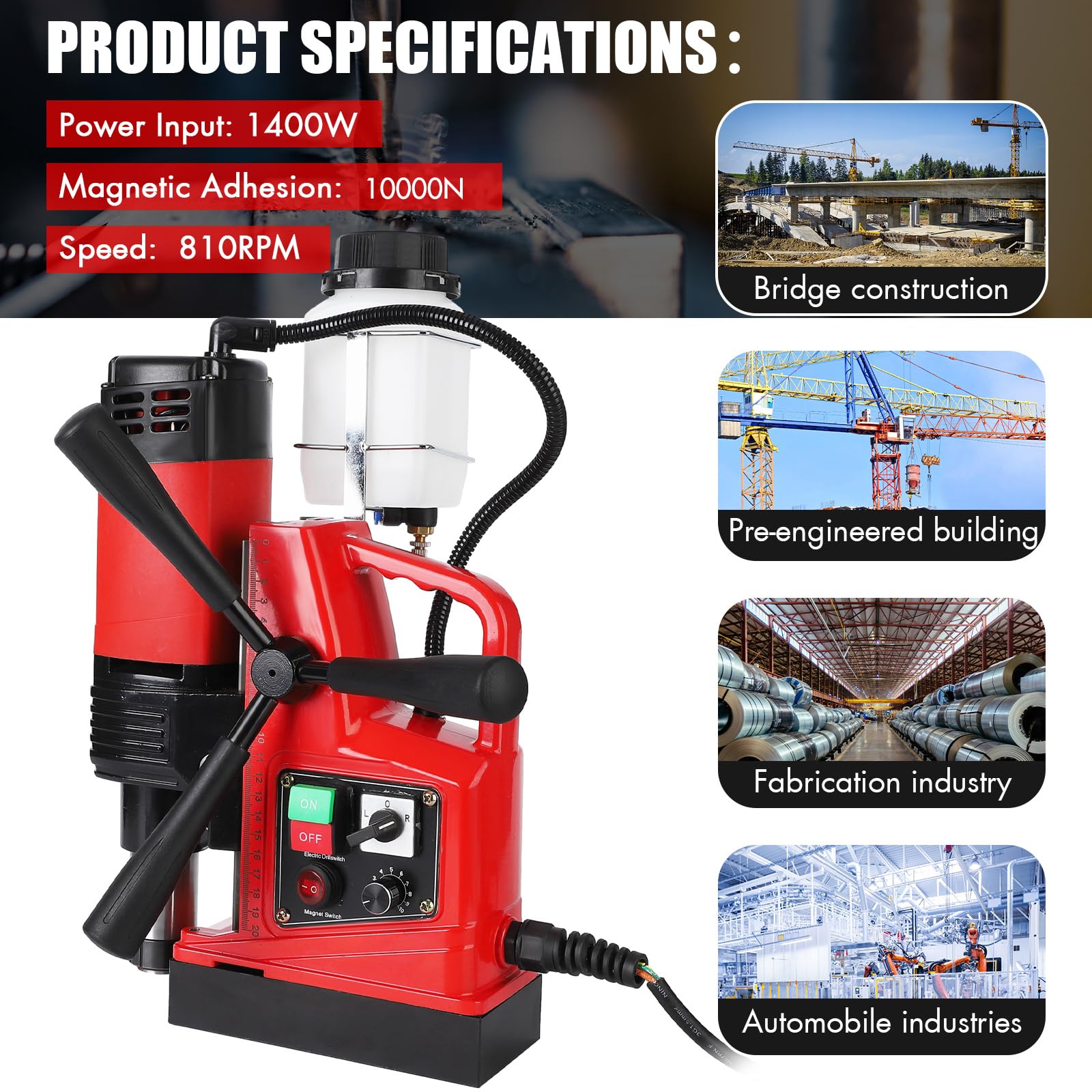 Perceuse magnétique portable 1400 W, 810 tr/min, diamètre d'alésage de 5,1 cm, double piste, avec 6 forets, pour l'amélioration industrielle et domestique