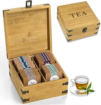 Tea Organizer Box 7.4 x 8.1 x 4.2 Bamboo Wood Organizer Storage Chest 4 Tall Adjustable Slots 100% Handmade Eco-Friendly Natural Kitchen Decor