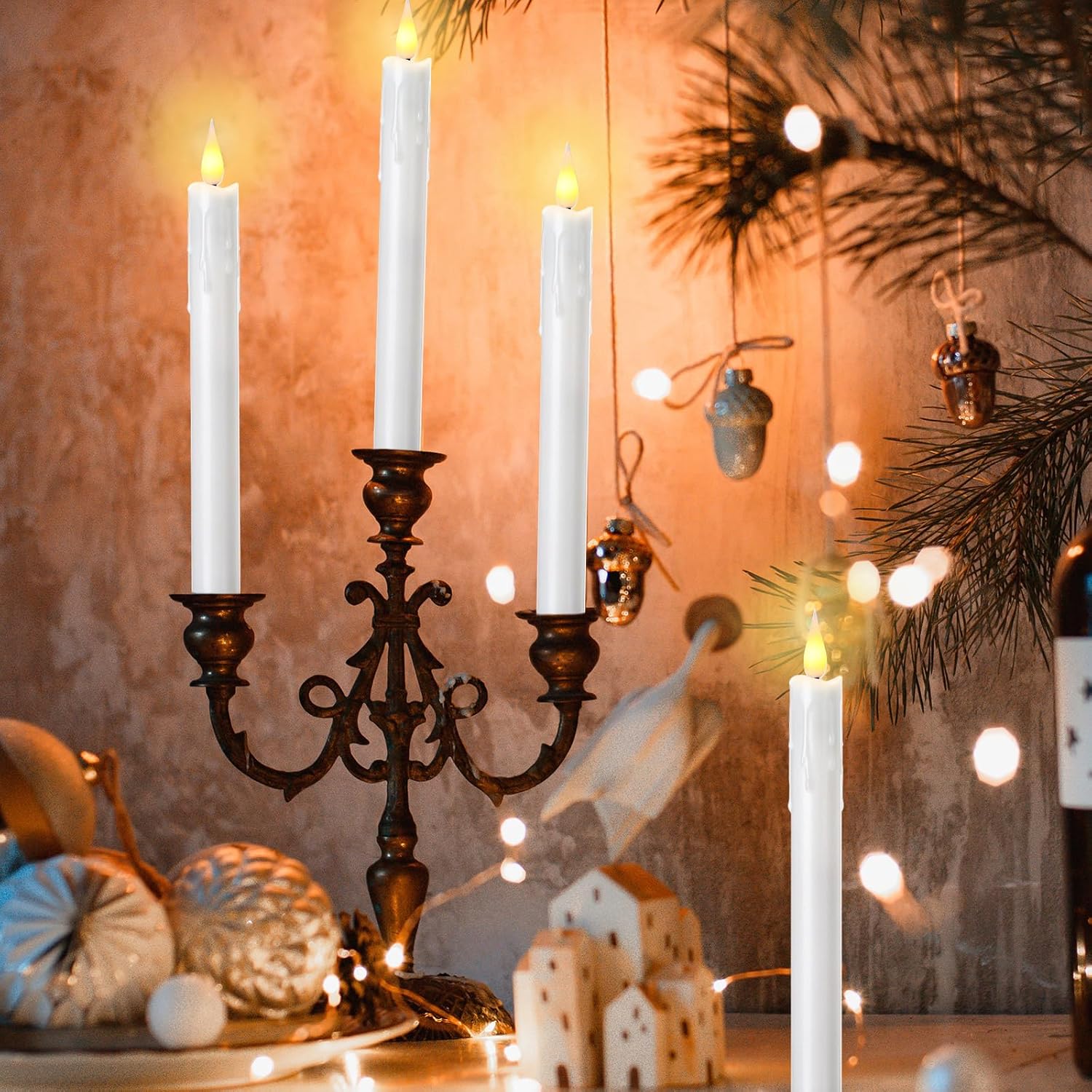 Baquler 50 Pcs 8.9 Inch White Flameless Taper Candles Dripless Battery Operated LED Flickering Candlesticks Window Candle with 3D Flickering Flame for Easter Home Wedding Church Decor