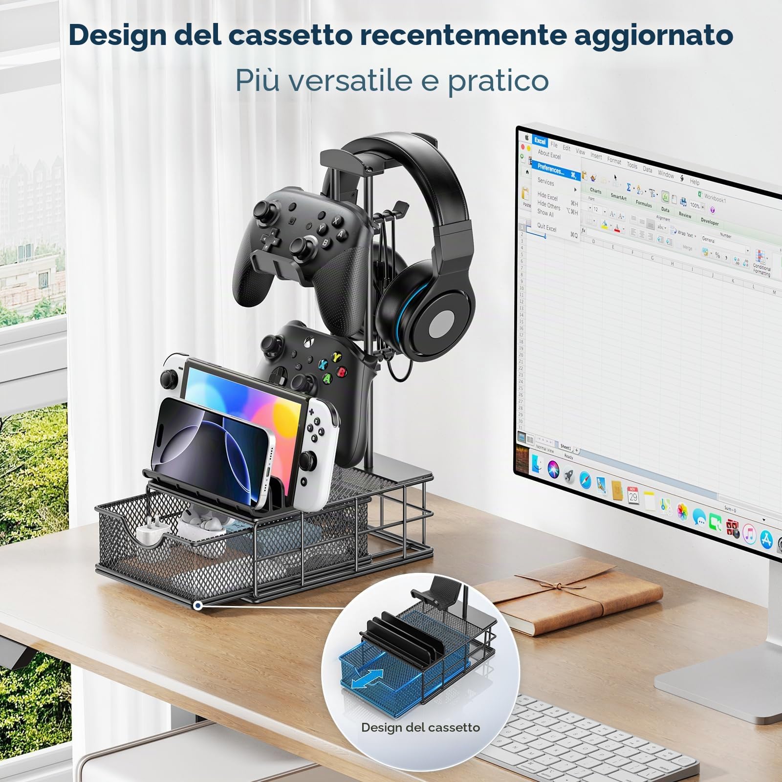 KDD Porta Cuffie da Scrivania con Cassetto, Porta Joystick PS5 con Organizzatore di Cavi, Supporto Cuffie con Barra di Supporto in Alluminio, Universale Accessori Gaming per Xbox One, PS4, PS5,PC