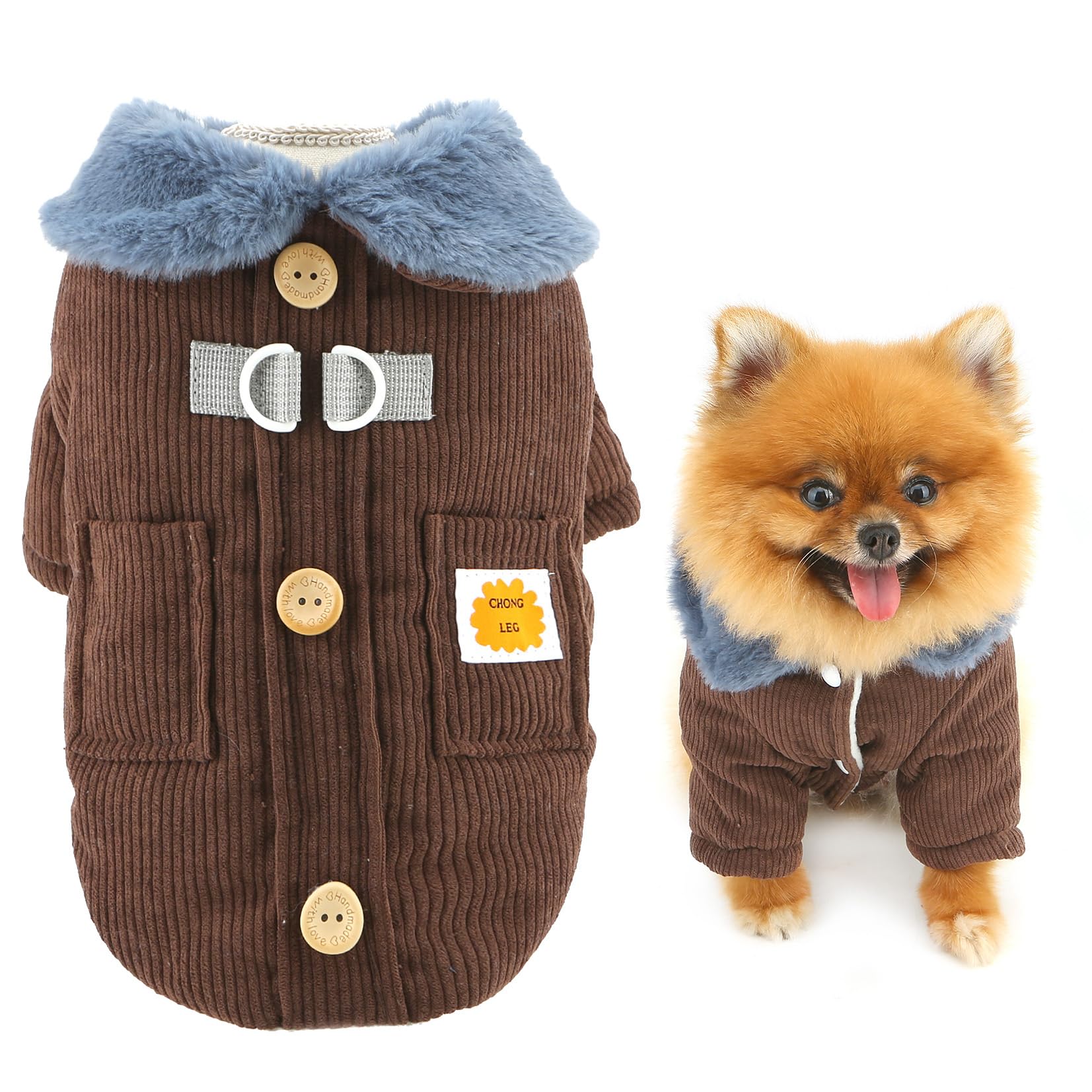 SMALLLEE_LUCKY_STORE Fleece Lined Corduroy Dog Coat for Small Dogs, Soft Puppy Harness Jacket with D-Ring and Pocket Fuzzy Collar Warm Pet Padded Autumn Winter Chihuahua Yorkie Clothes Brown L