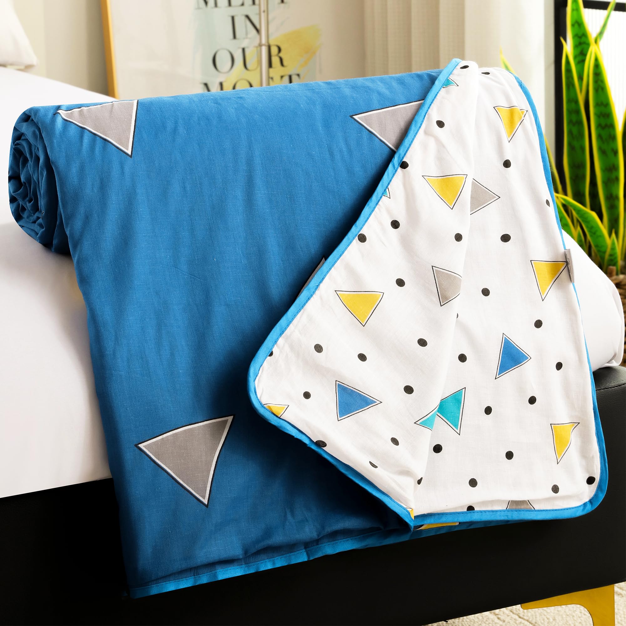 Story@Home Dohar Single Bed TC,144 100% Cotton AC Blanket for Summer 144x 220CM,150GSM Ac Comforter and AC Blanket for Summer|Blue & White Geometric Pattern Reversible Duvet Quilt,All-Season Blanket