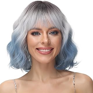 PARXITN Peluca corta Bob con flequillo Natural Plata a Azul Pelo Sintético Colorido Diario Fiesta Halloween Cosplay pelucas rizadas onduladas para mujeres